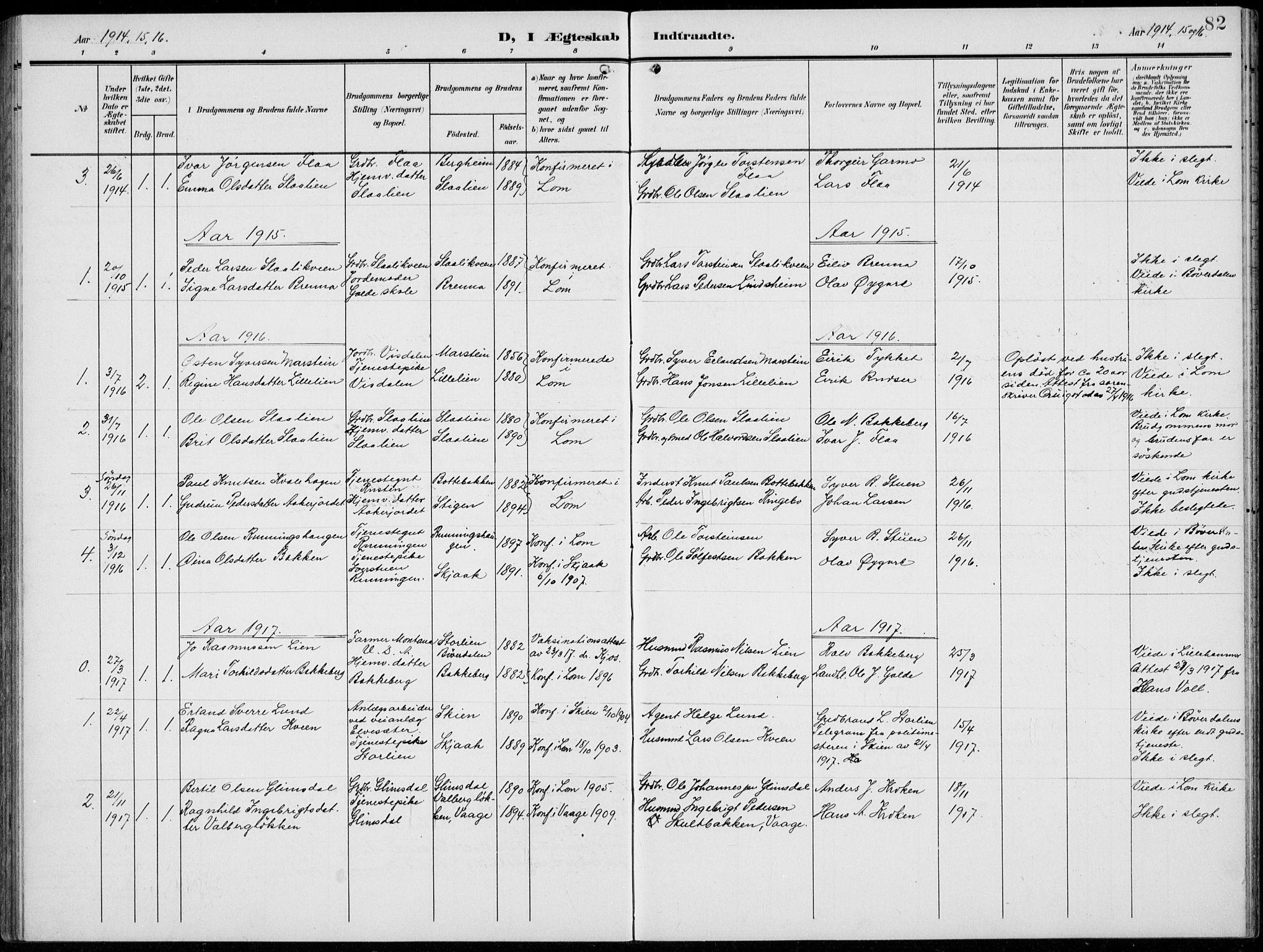 Lom prestekontor, SAH/PREST-070/L/L0007: Parish register (copy) no. 7, 1904-1938, p. 82