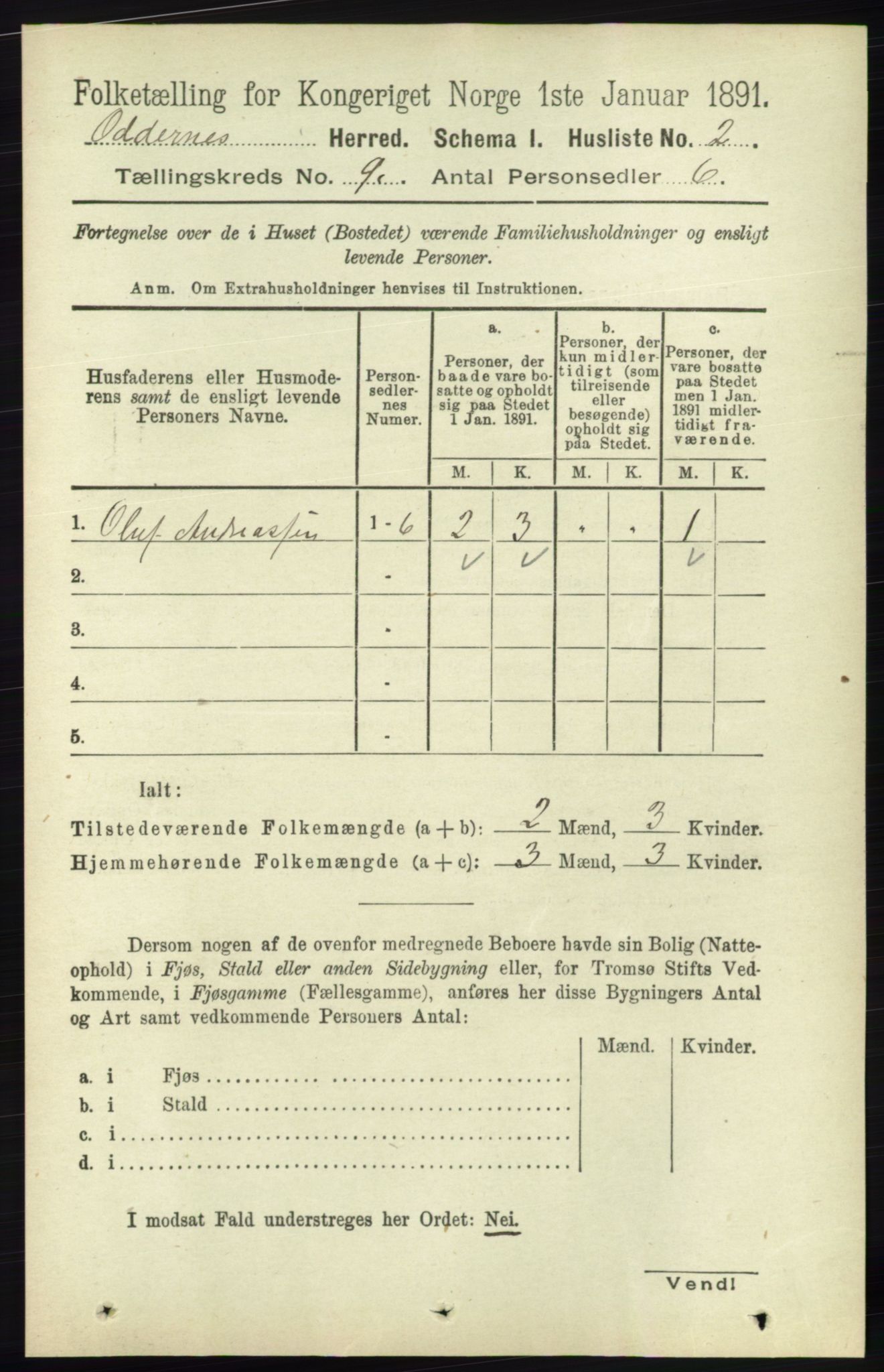 RA, 1891 census for 1012 Oddernes, 1891, p. 3181