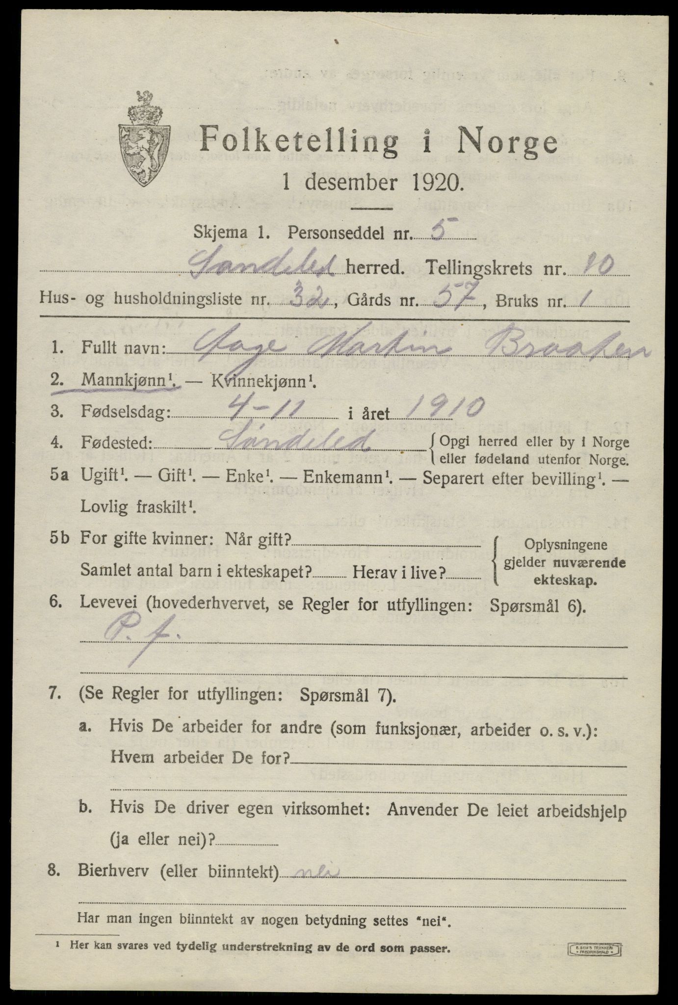 SAK, 1920 census for Søndeled, 1920, p. 5331