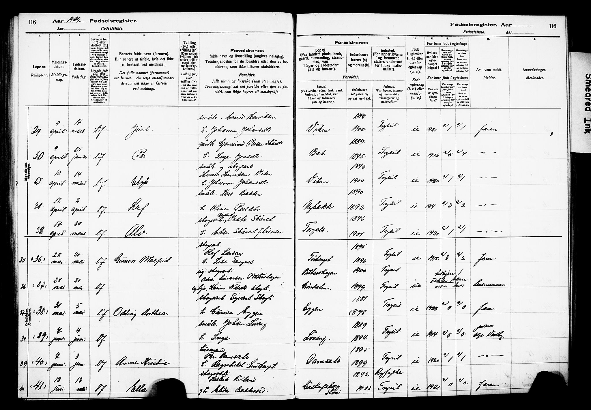 Trysil prestekontor, AV/SAH-PREST-046/I/Id/Ida/L0001: Birth register no. I 1, 1916-1927, p. 116