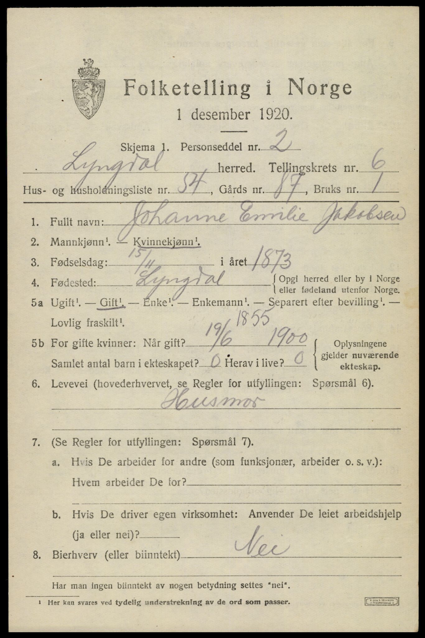 SAK, 1920 census for Lyngdal, 1920, p. 3905