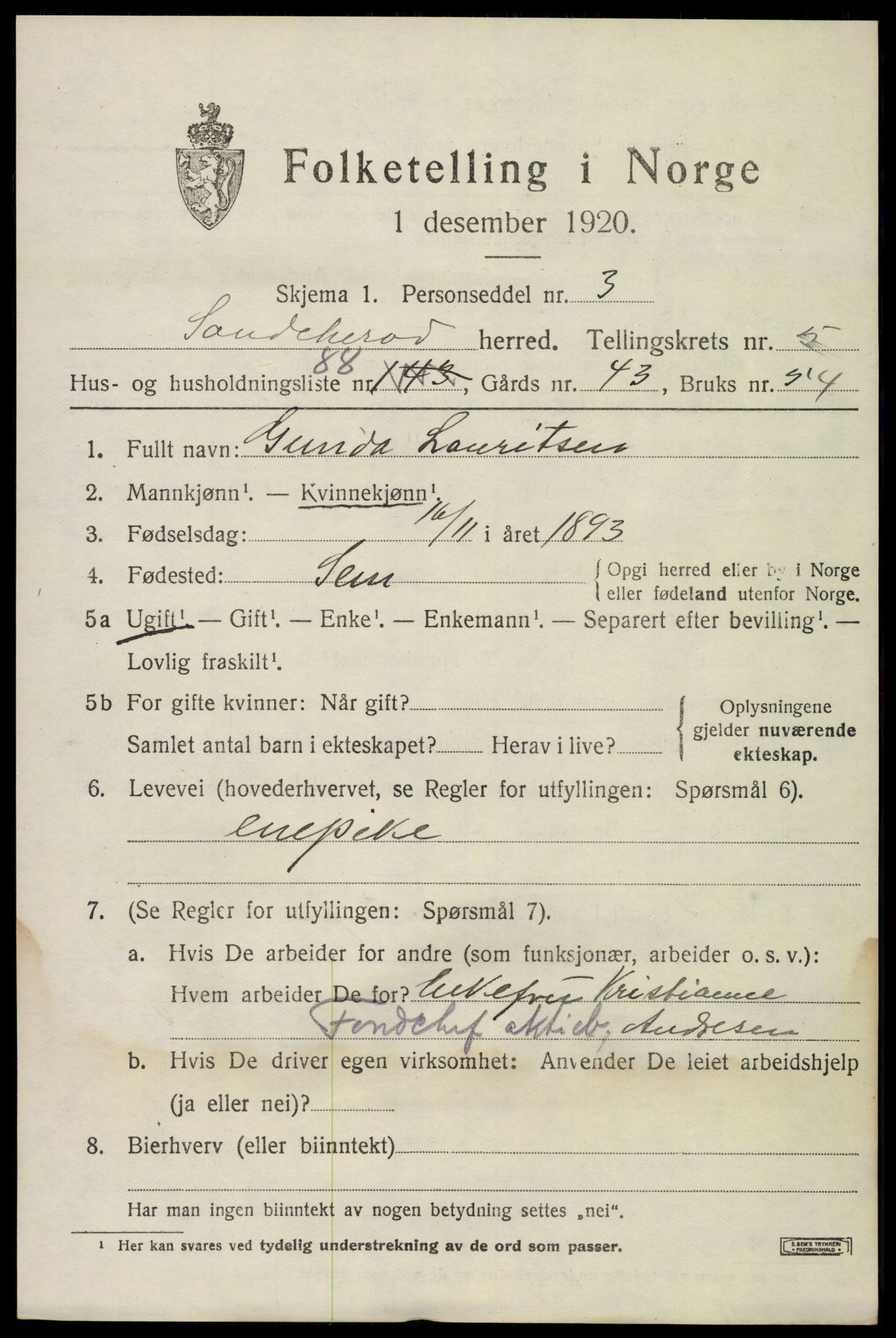 SAKO, 1920 census for Sandeherred, 1920, p. 9244