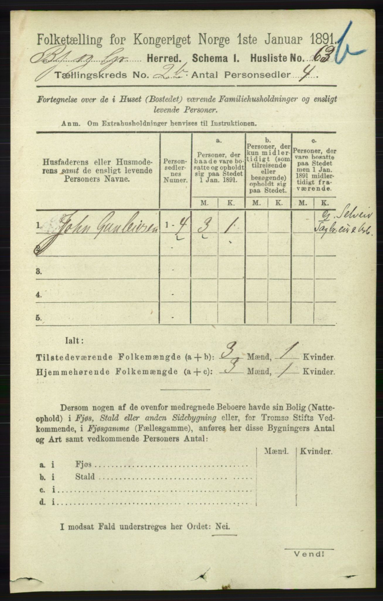 RA, 1891 census for 1024 Bjelland og Grindheim, 1891, p. 306