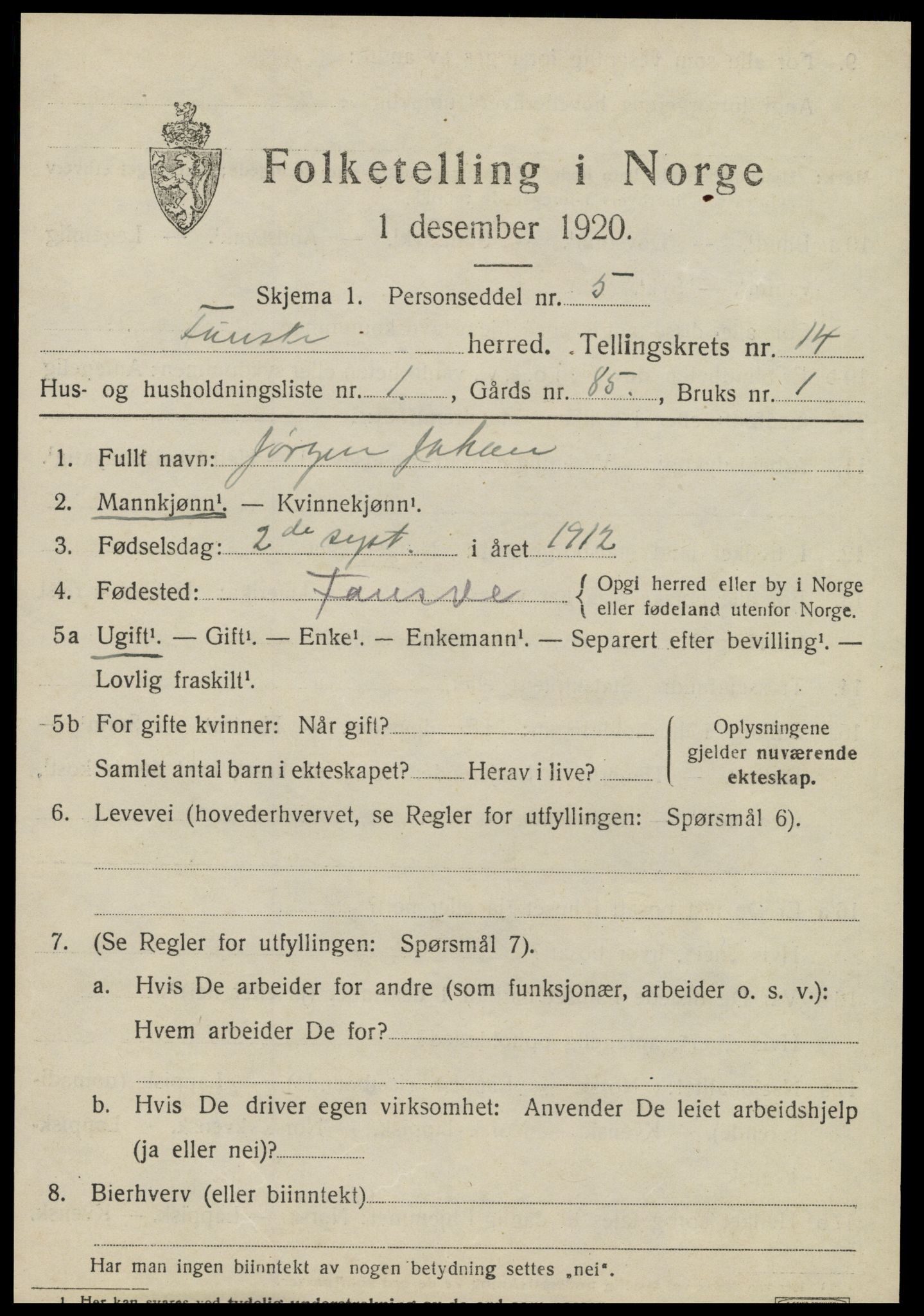 SAT, 1920 census for Fauske, 1920, p. 8682