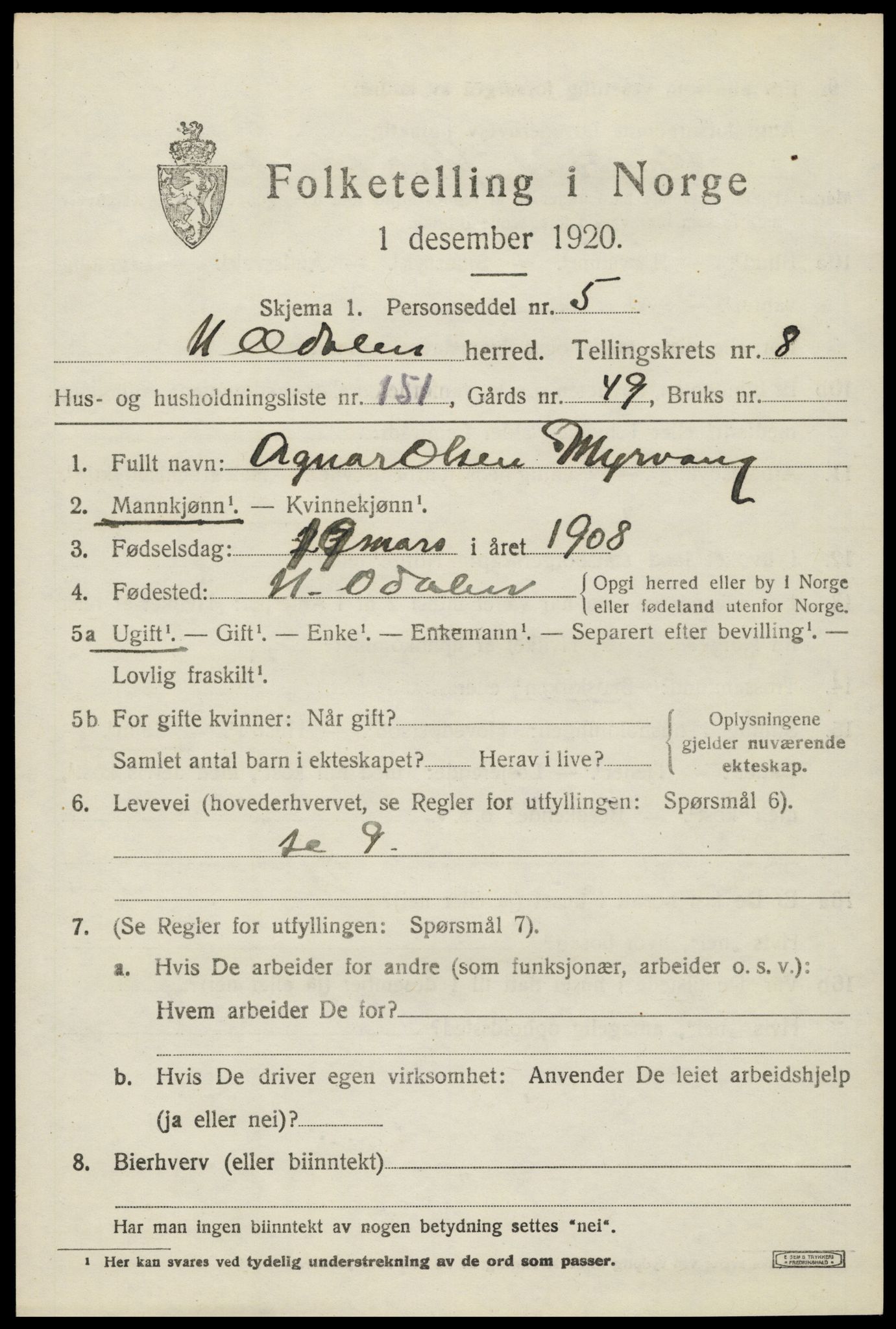 SAH, 1920 census for Nord-Odal, 1920, p. 9569