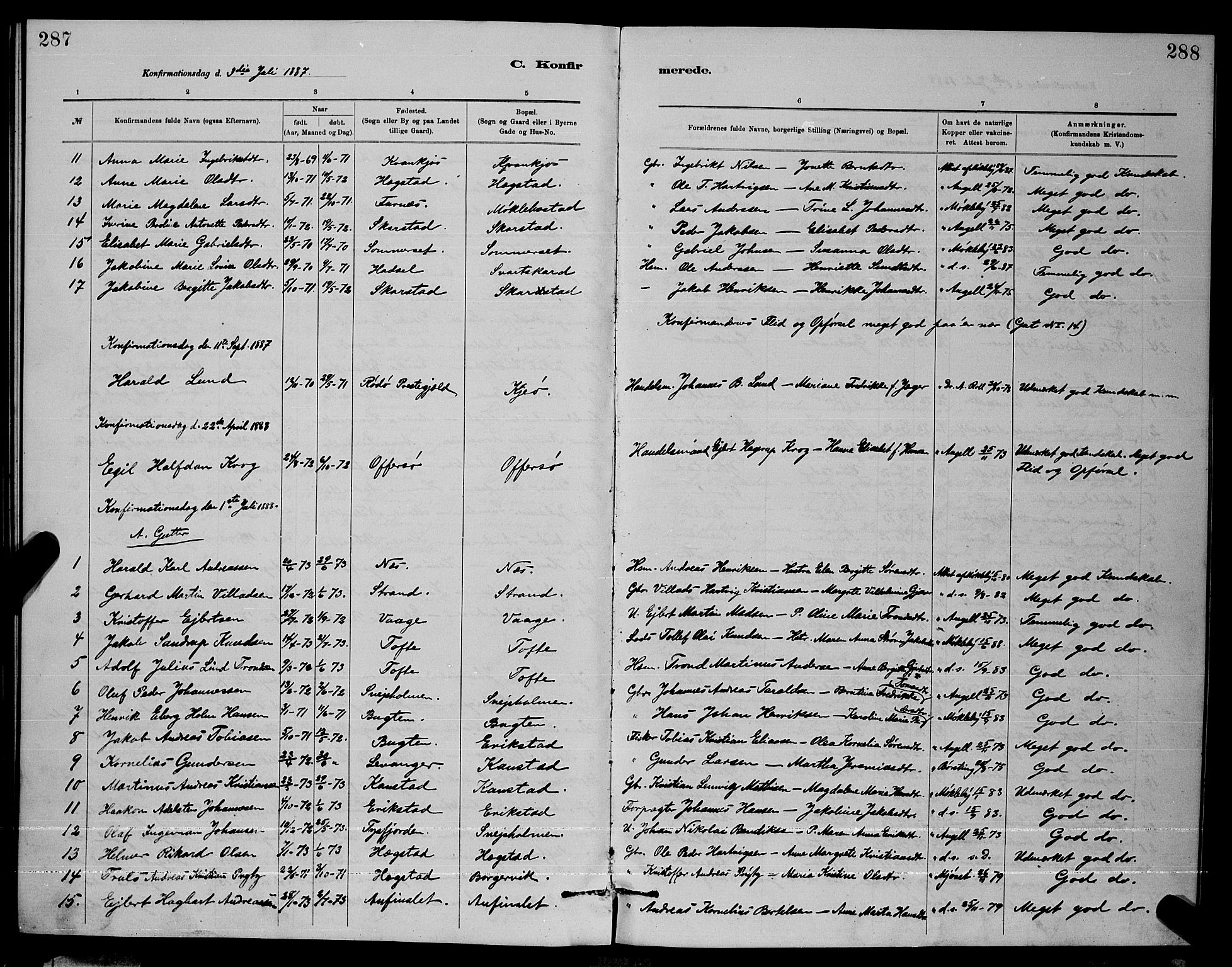 Ministerialprotokoller, klokkerbøker og fødselsregistre - Nordland, AV/SAT-A-1459/872/L1047: Parish register (copy) no. 872C03, 1880-1897, p. 287-288