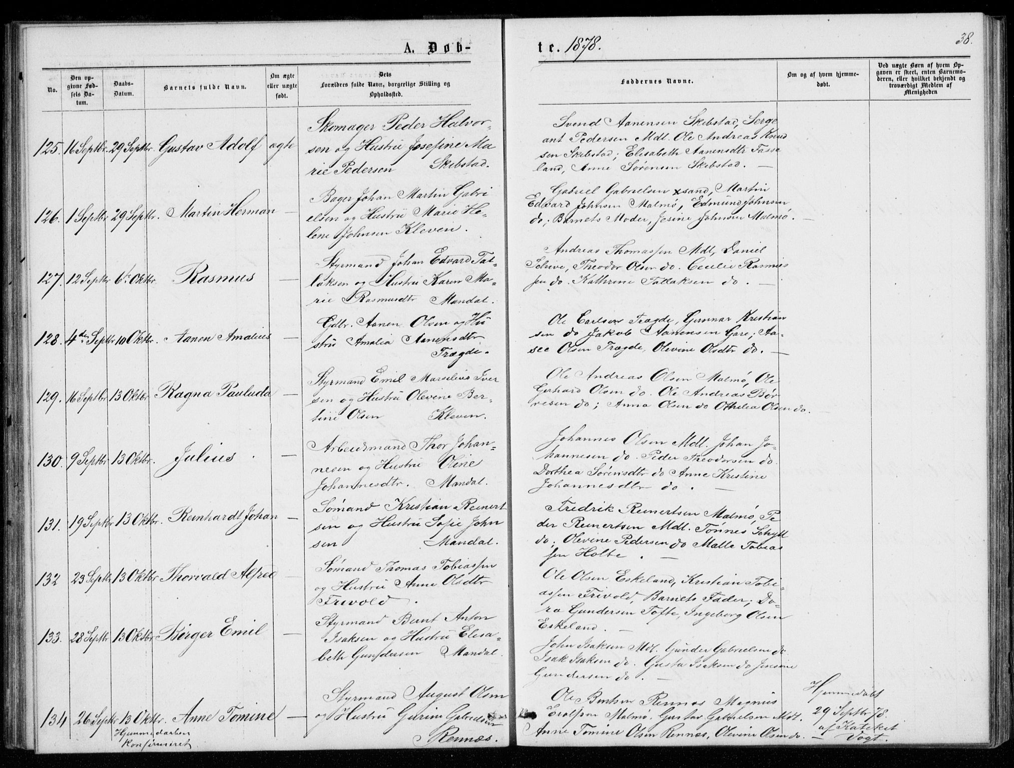 Mandal sokneprestkontor, AV/SAK-1111-0030/F/Fb/Fba/L0010: Parish register (copy) no. B 4, 1876-1880, p. 38