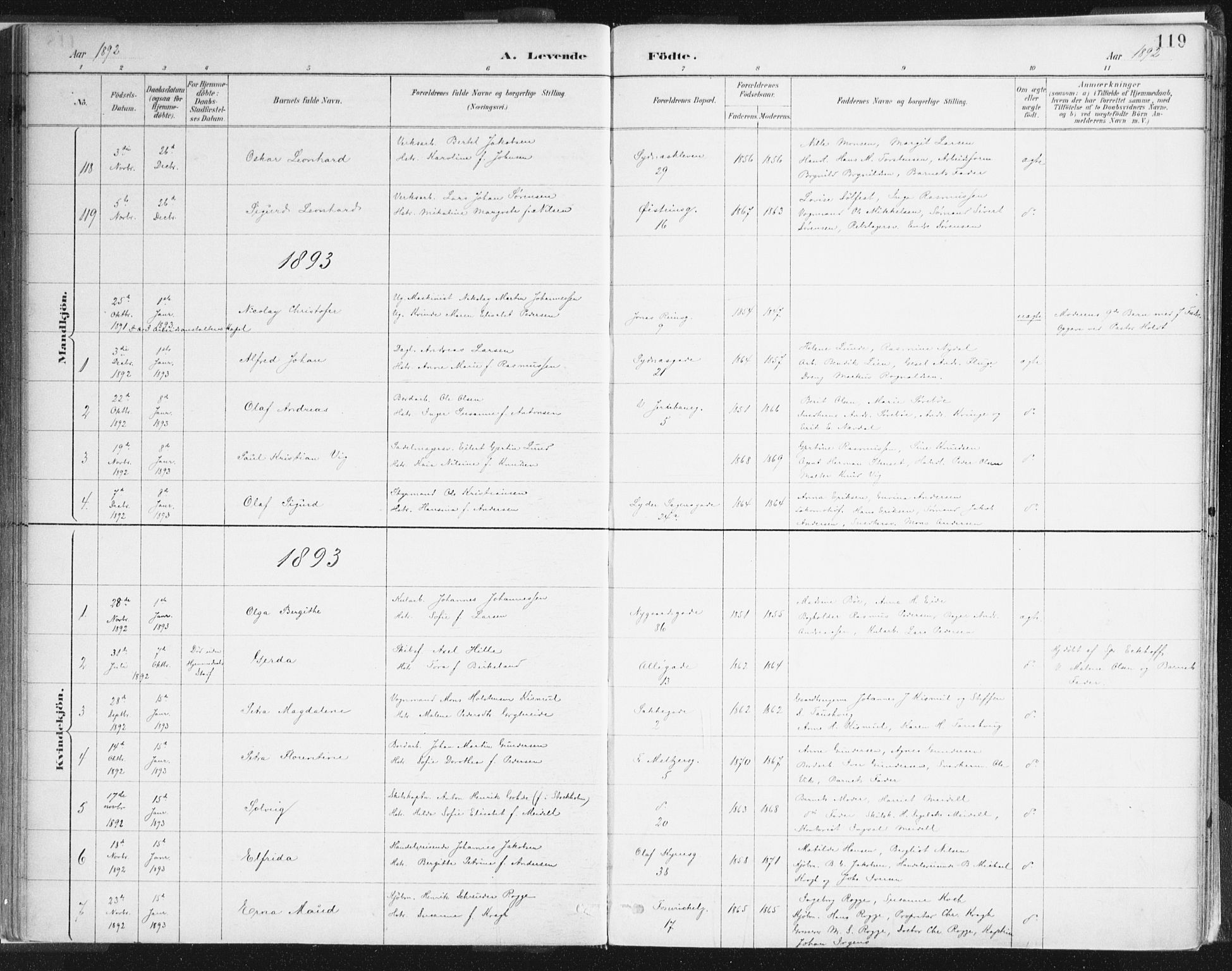 Johanneskirken sokneprestembete, SAB/A-76001/H/Haa/L0001: Parish register (official) no. A 1, 1885-1900, p. 119