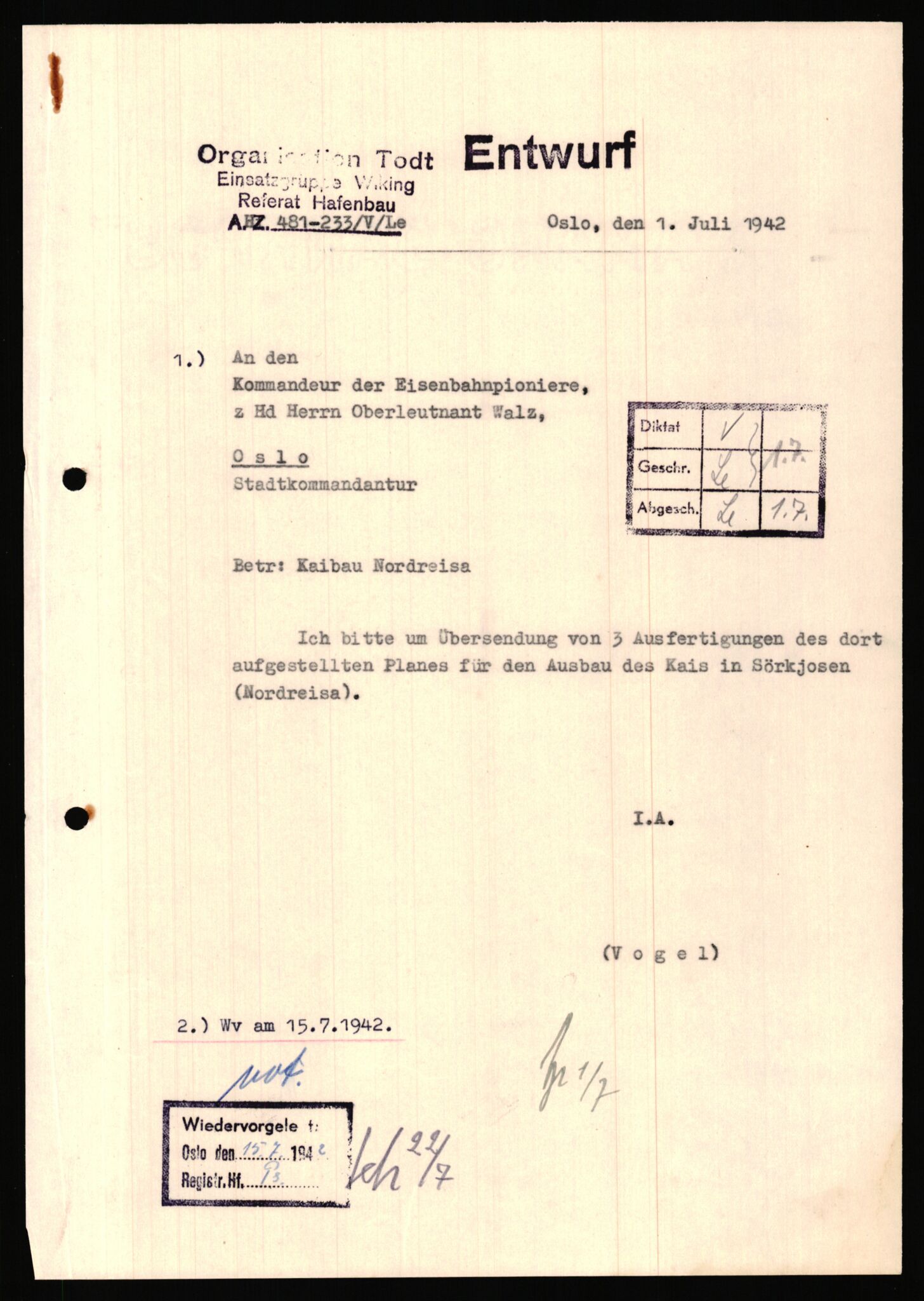 Tyske arkiver, Organisation Todt (OT), Einsatzgruppe Wiking, AV/RA-RAFA-2188/1/E/E6/E6a/L0008: 4. Oberbauleitung Narvik: Arkivkode 451-483, 1940-1945, p. 233