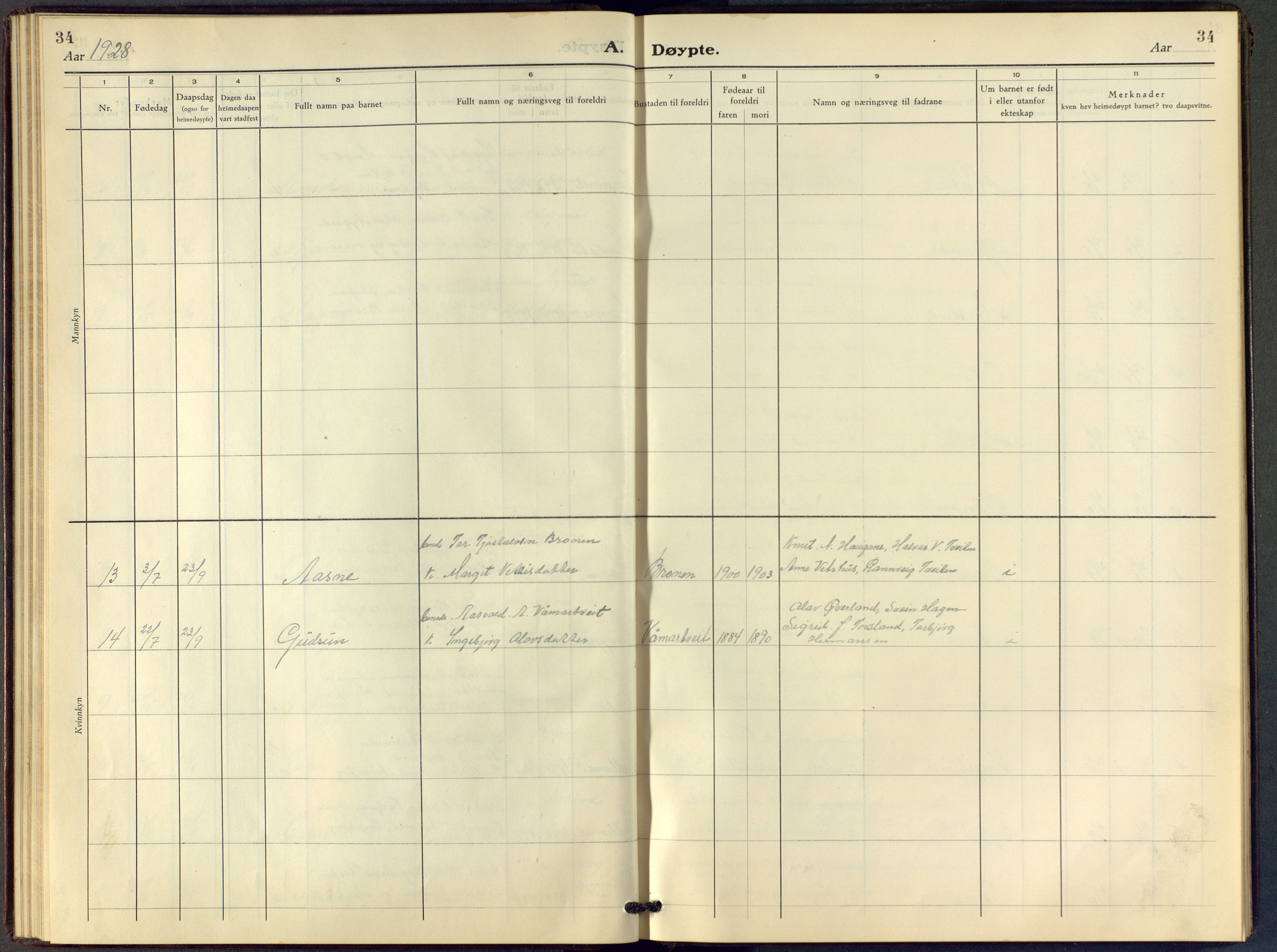 Vinje kirkebøker, SAKO/A-312/F/Fc/L0002: Parish register (official) no. III 2, 1921-1943, p. 34