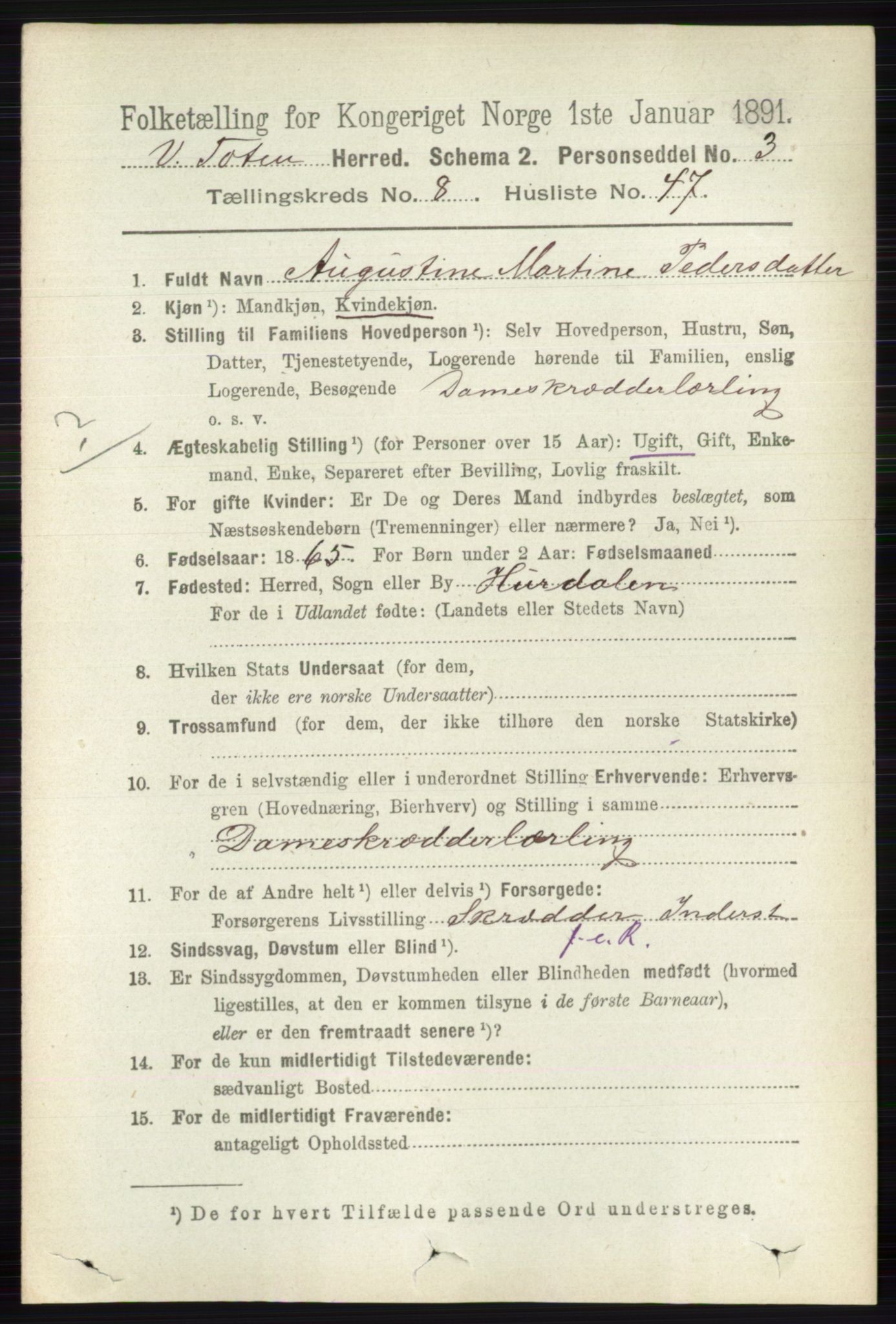 RA, 1891 census for 0529 Vestre Toten, 1891, p. 5298