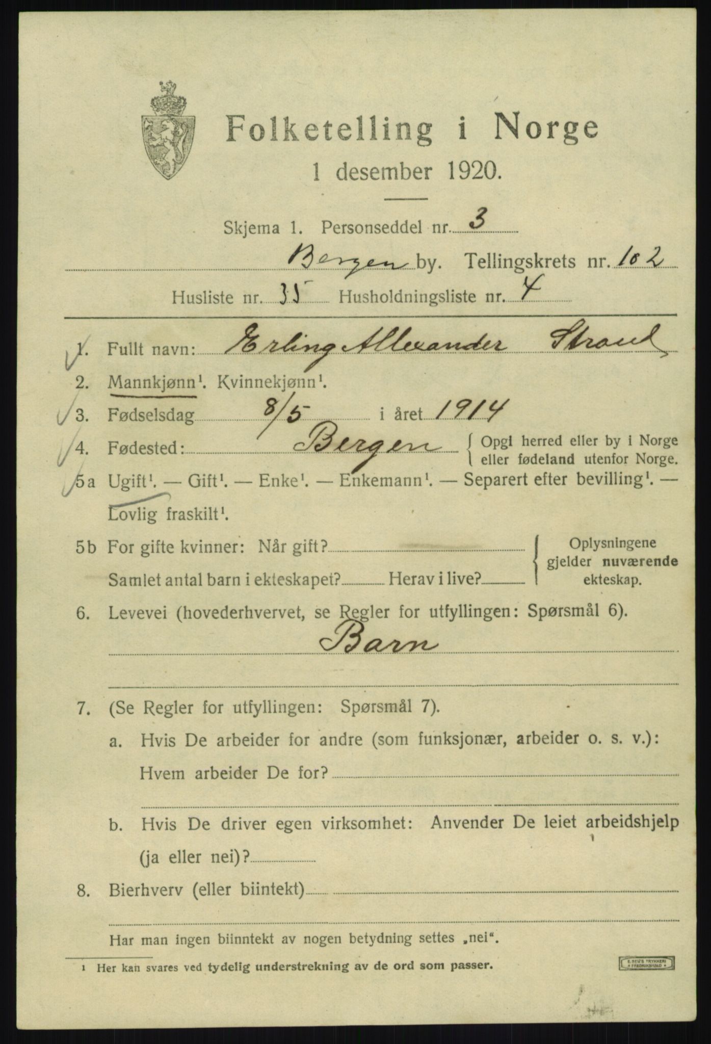 SAB, 1920 census for Bergen, 1920, p. 179237