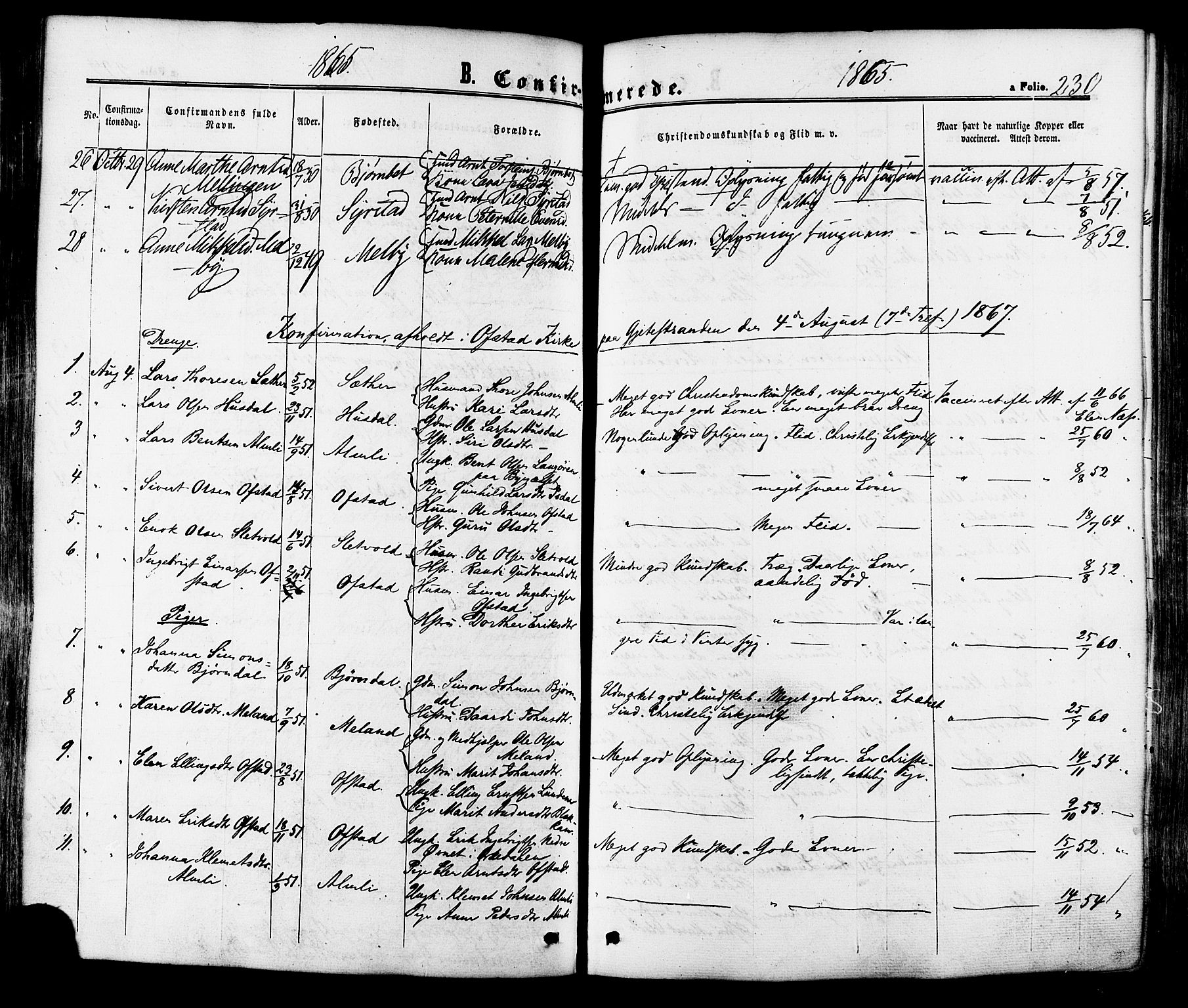 Ministerialprotokoller, klokkerbøker og fødselsregistre - Sør-Trøndelag, SAT/A-1456/665/L0772: Parish register (official) no. 665A07, 1856-1878, p. 230