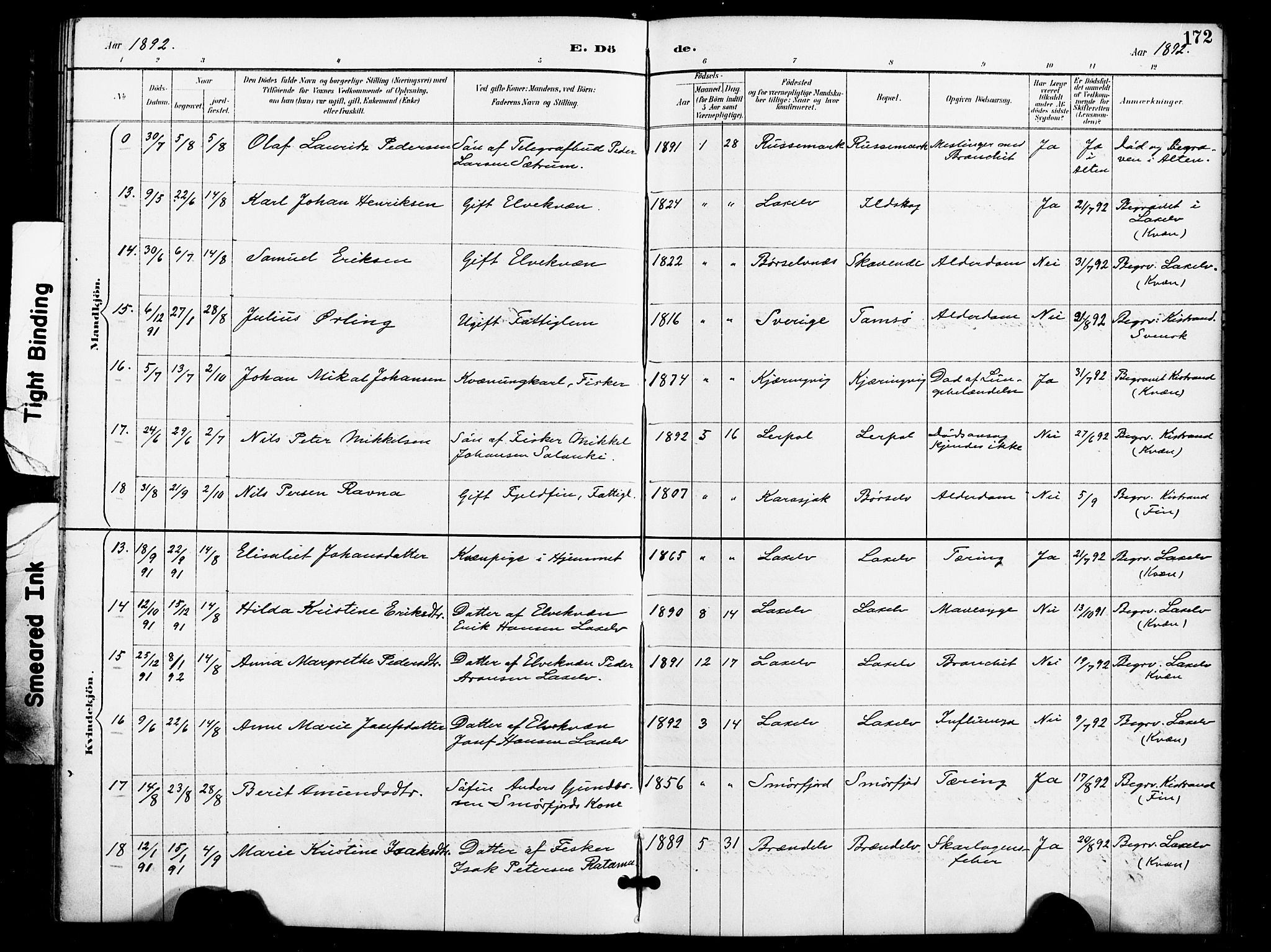 Kistrand/Porsanger sokneprestembete, AV/SATØ-S-1351/H/Ha/L0008.kirke: Parish register (official) no. 8, 1890-1898, p. 172