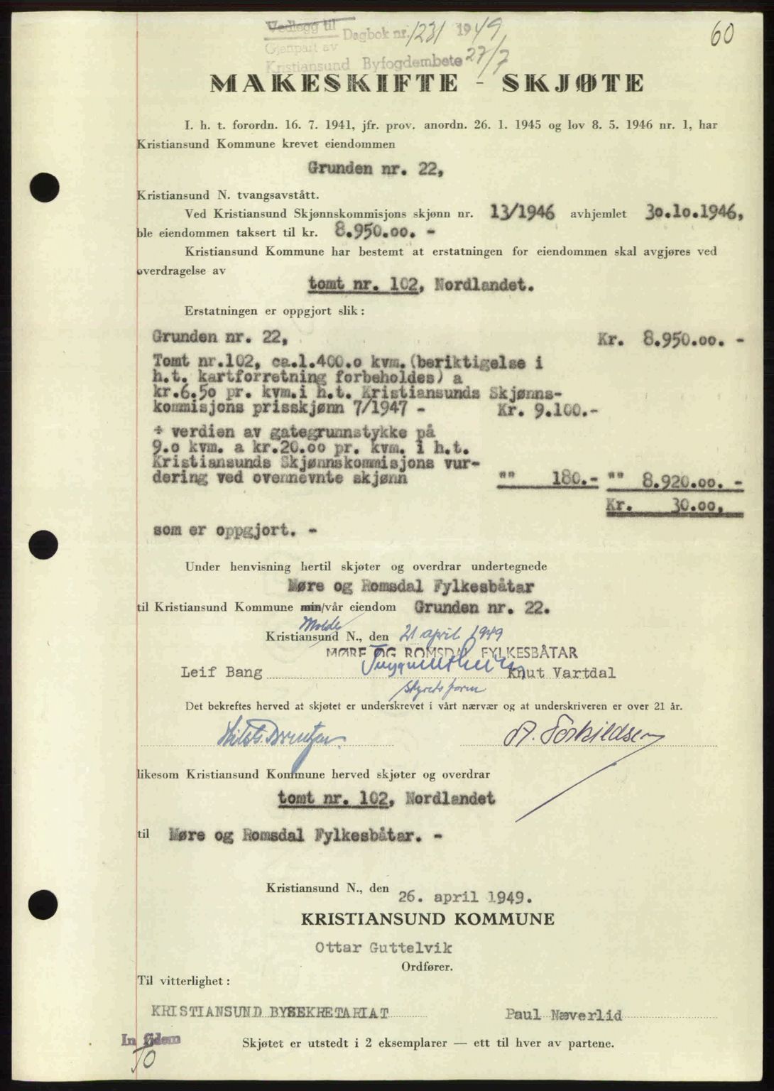 Kristiansund byfogd, AV/SAT-A-4587/A/27: Mortgage book no. 46, 1949-1950, Diary no: : 1231/1949