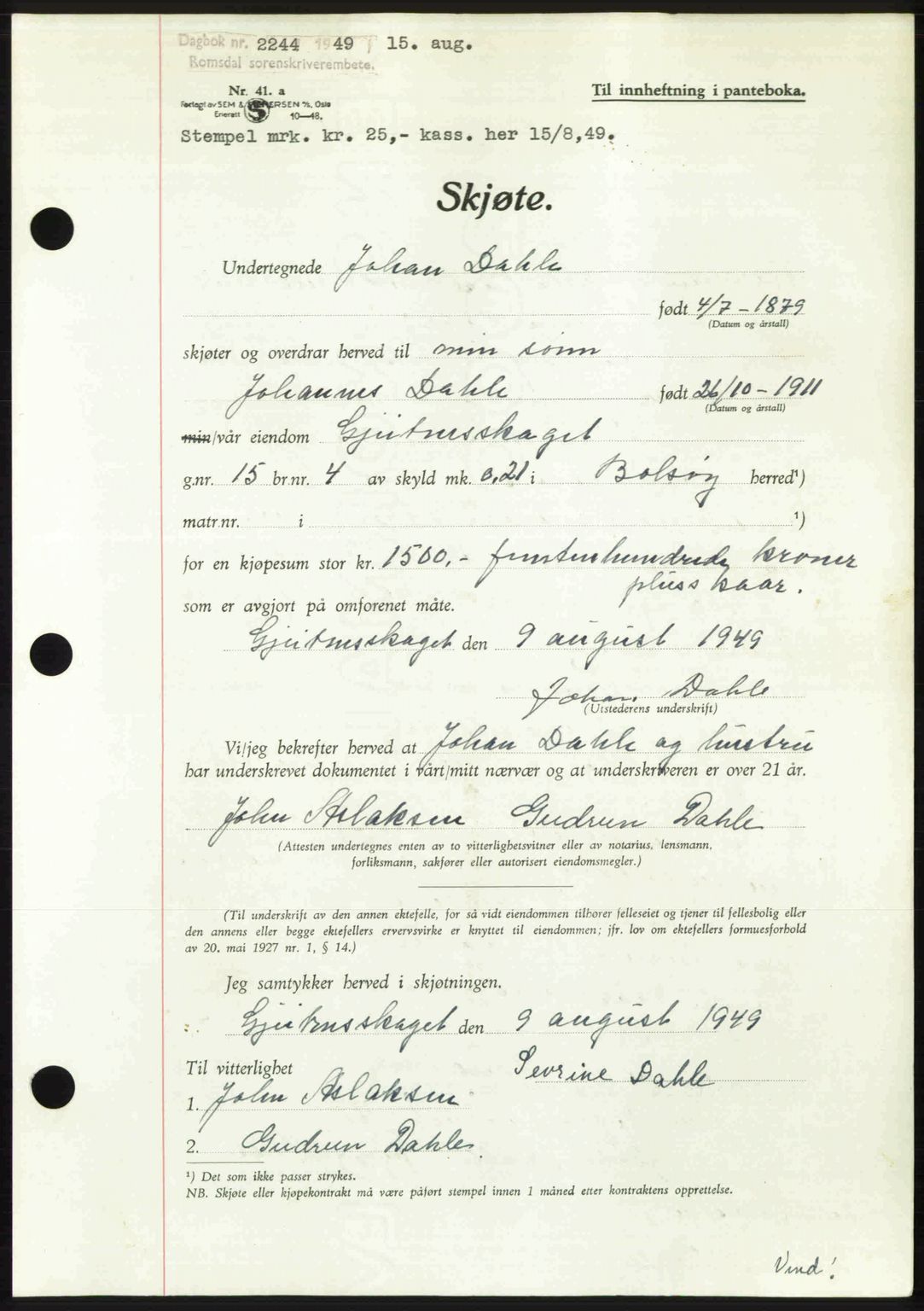 Romsdal sorenskriveri, AV/SAT-A-4149/1/2/2C: Mortgage book no. A30, 1949-1949, Diary no: : 2244/1949