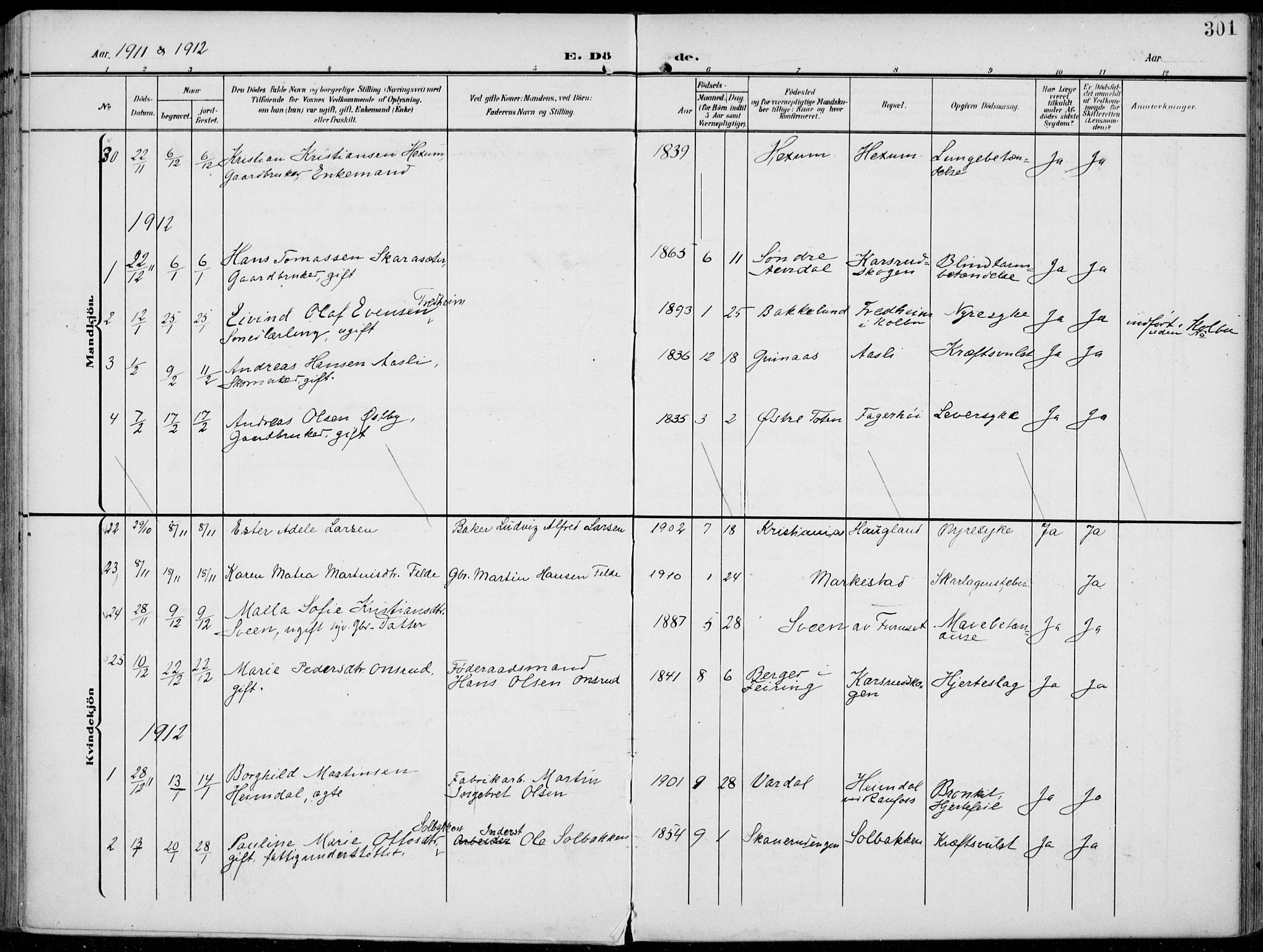 Vestre Toten prestekontor, SAH/PREST-108/H/Ha/Haa/L0014: Parish register (official) no. 14, 1907-1920, p. 301
