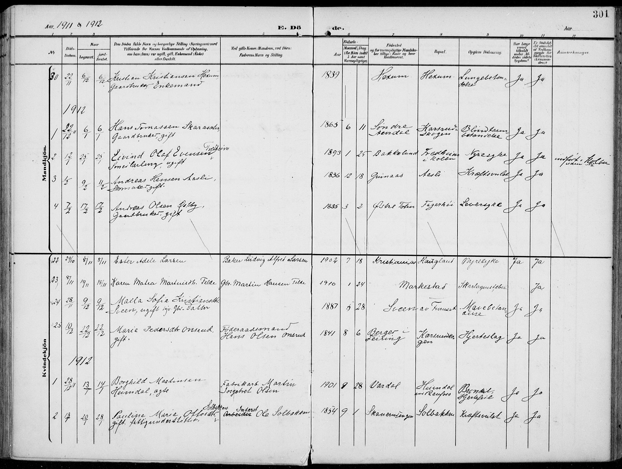 Vestre Toten prestekontor, AV/SAH-PREST-108/H/Ha/Haa/L0014: Parish register (official) no. 14, 1907-1920, p. 301