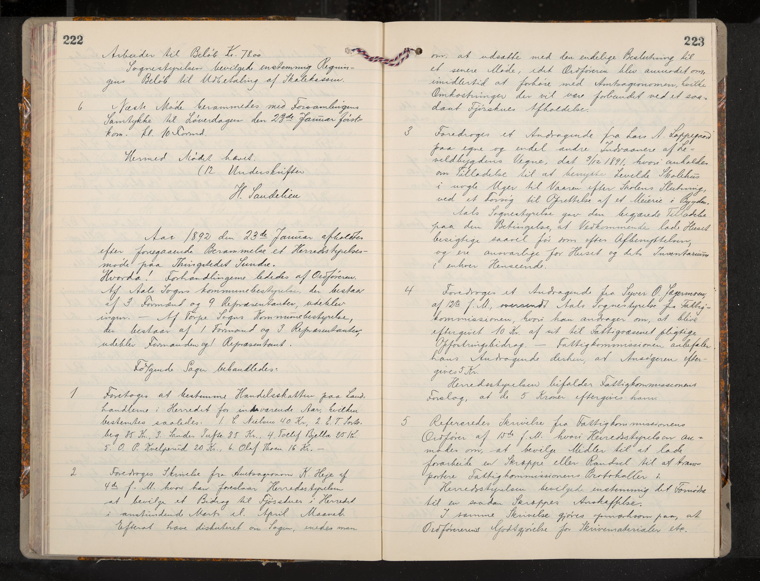 Ål formannskap og sentraladministrasjon, IKAK/0619021/A/Aa/L0004: Utskrift av møtebok, 1881-1901, p. 222-223