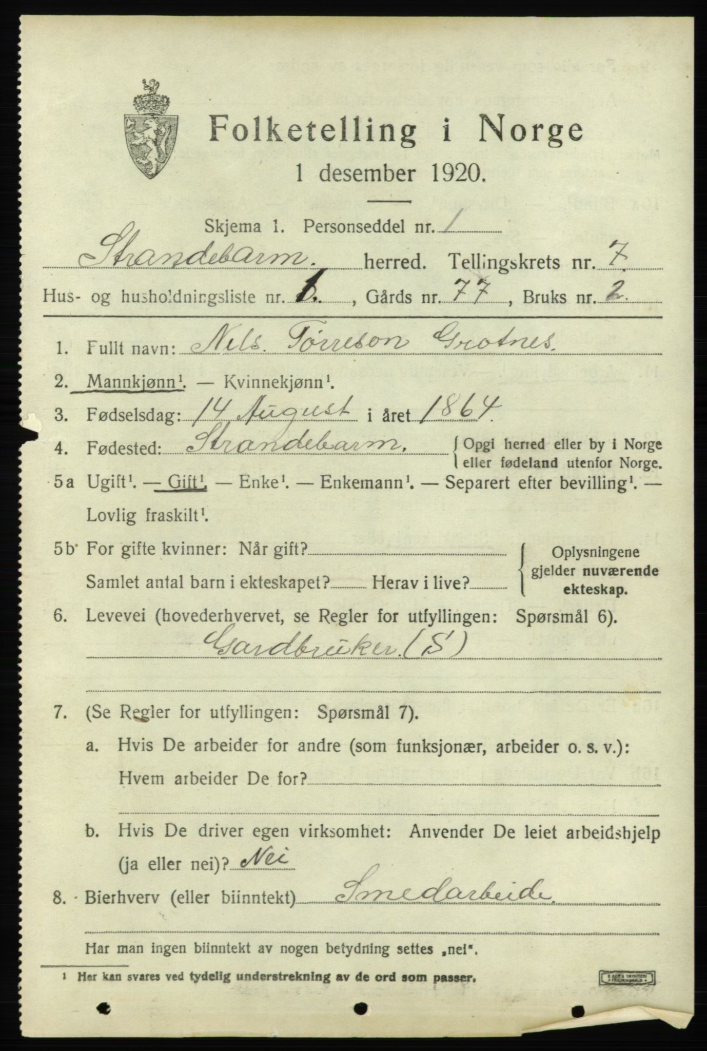 SAB, 1920 census for Strandebarm, 1920, p. 4378