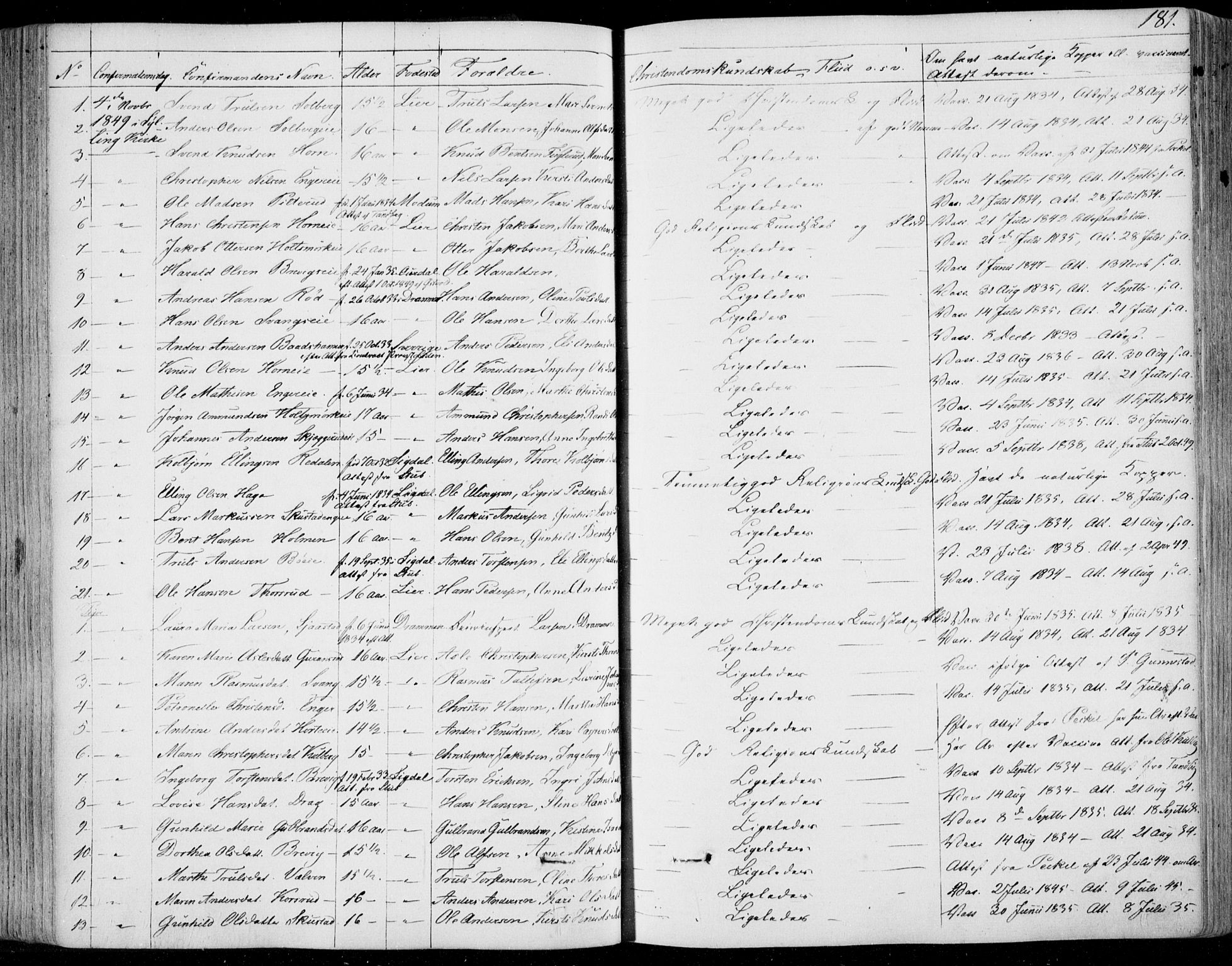Lier kirkebøker, SAKO/A-230/F/Fa/L0011: Parish register (official) no. I 11, 1843-1854, p. 181