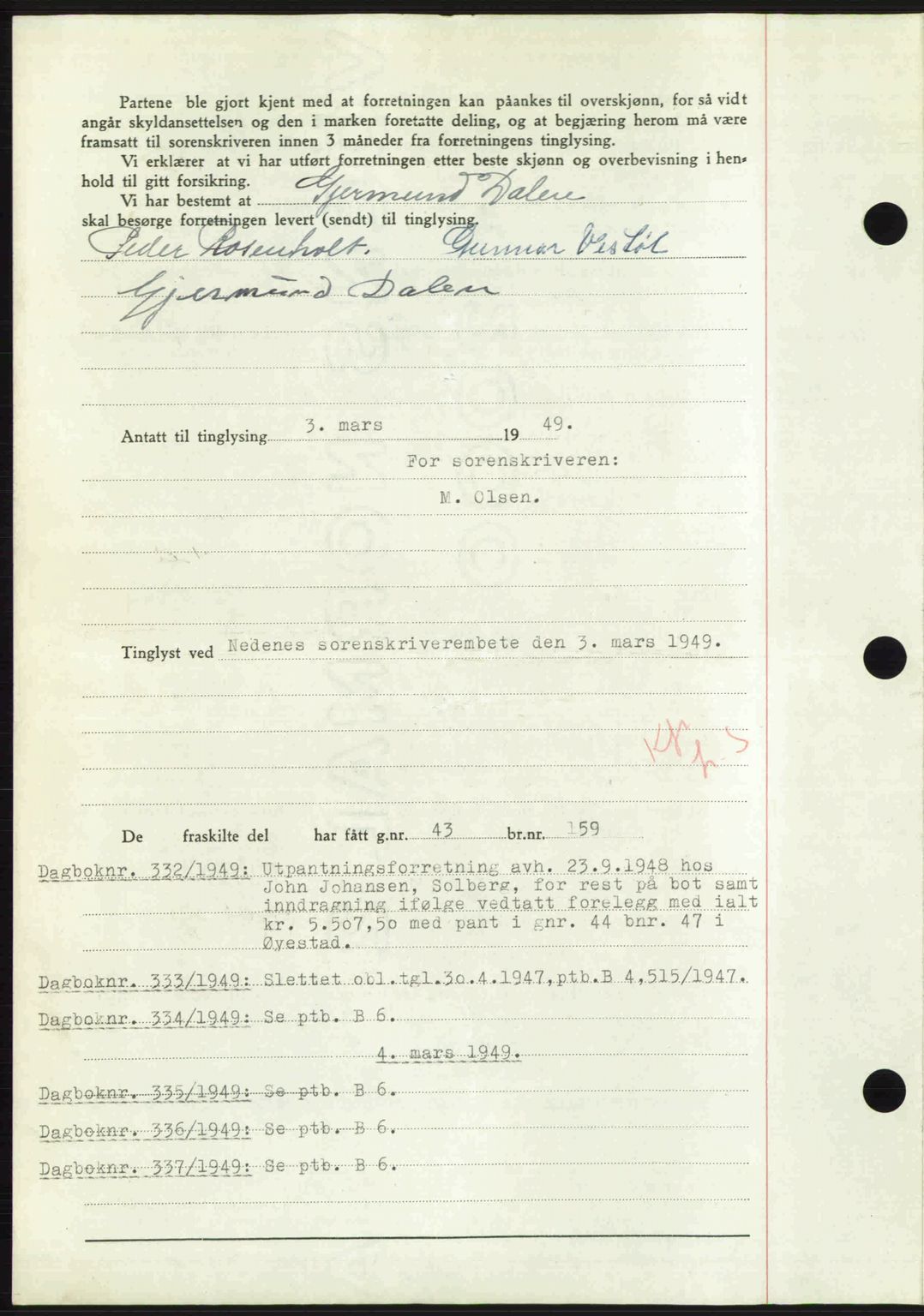 Nedenes sorenskriveri, AV/SAK-1221-0006/G/Gb/Gba/L0060: Mortgage book no. A12, 1948-1949, Diary no: : 331/1949