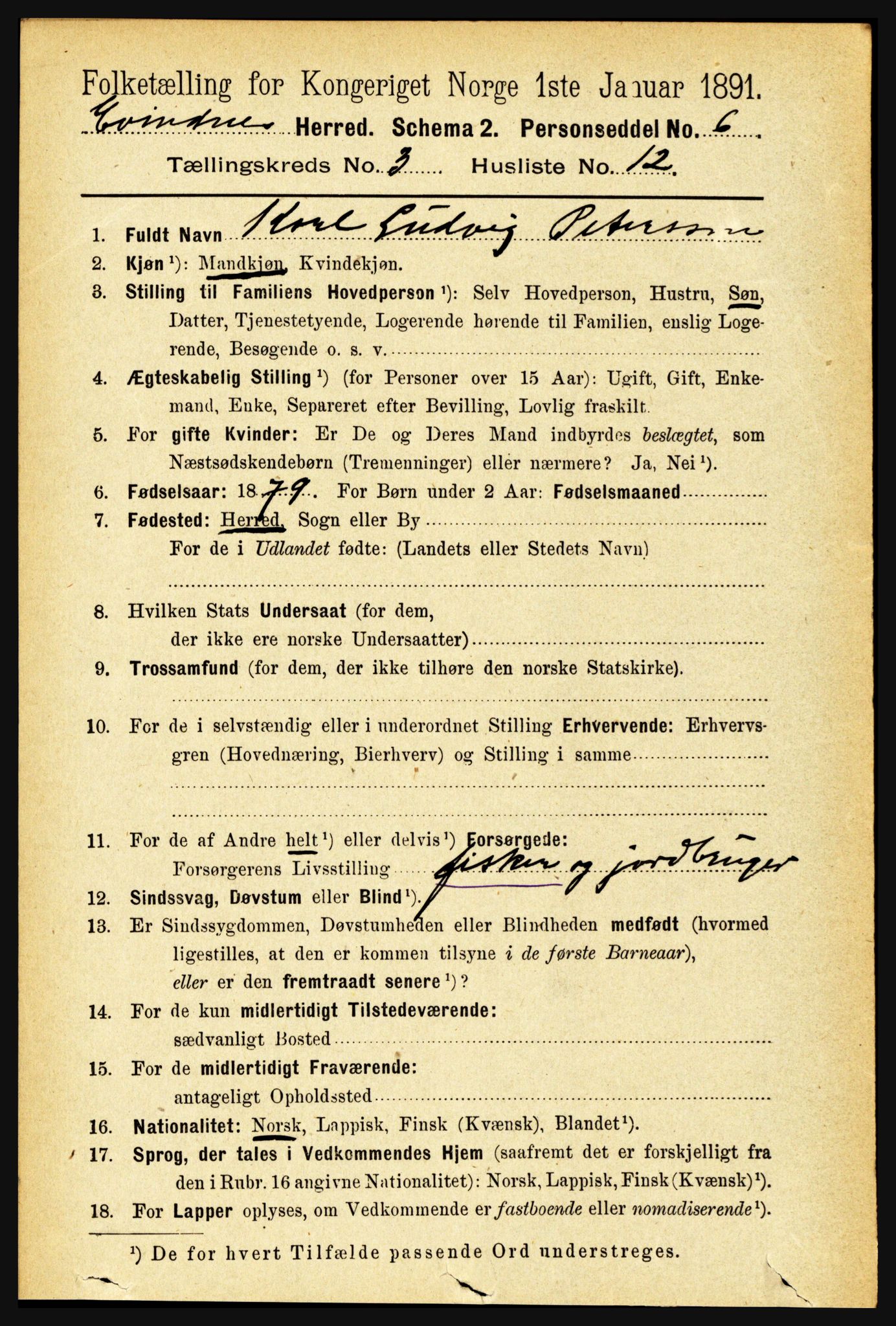 RA, 1891 census for 1853 Evenes, 1891, p. 840