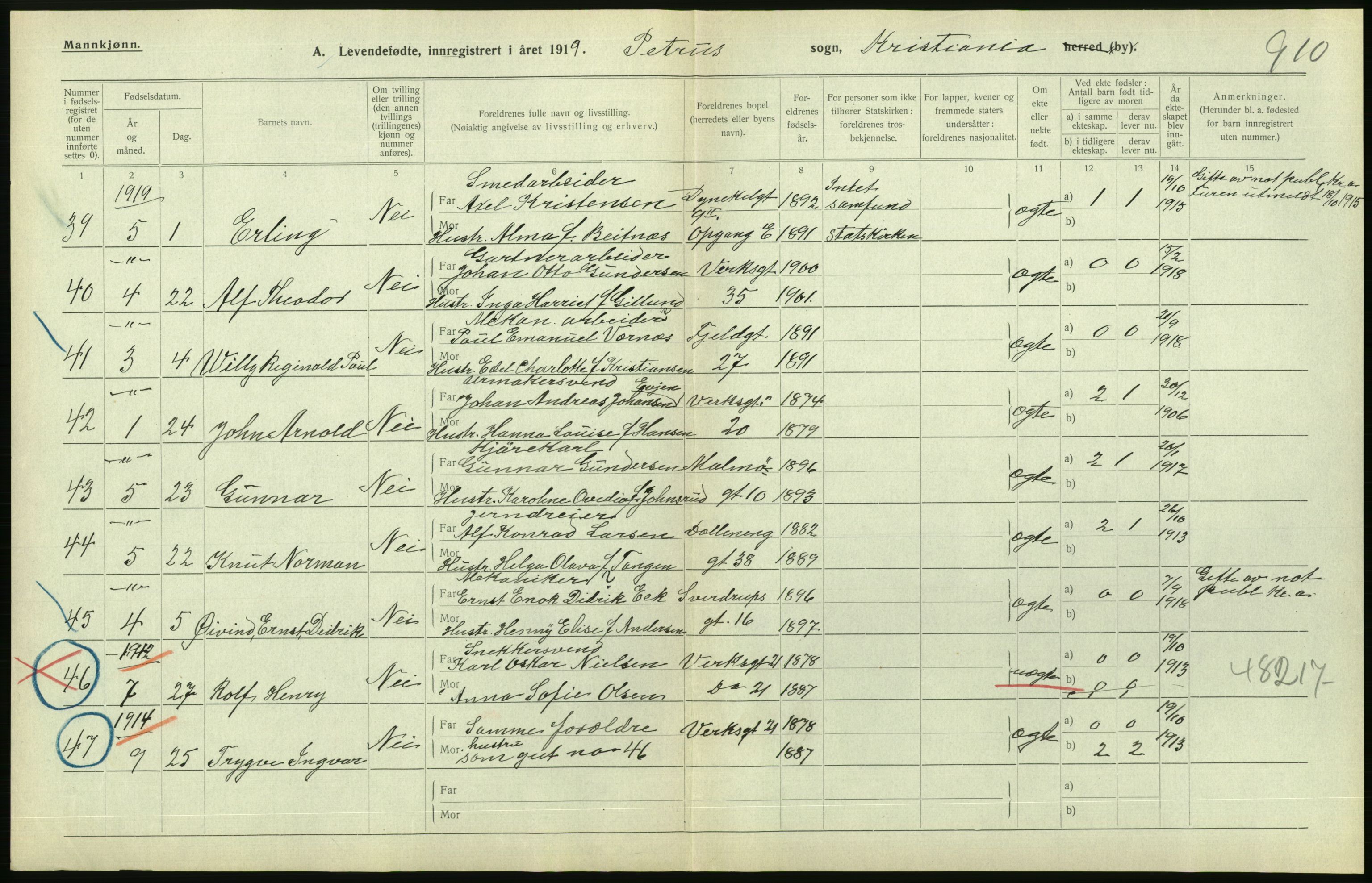 Statistisk sentralbyrå, Sosiodemografiske emner, Befolkning, AV/RA-S-2228/D/Df/Dfb/Dfbi/L0008: Kristiania: Levendefødte menn og kvinner., 1919