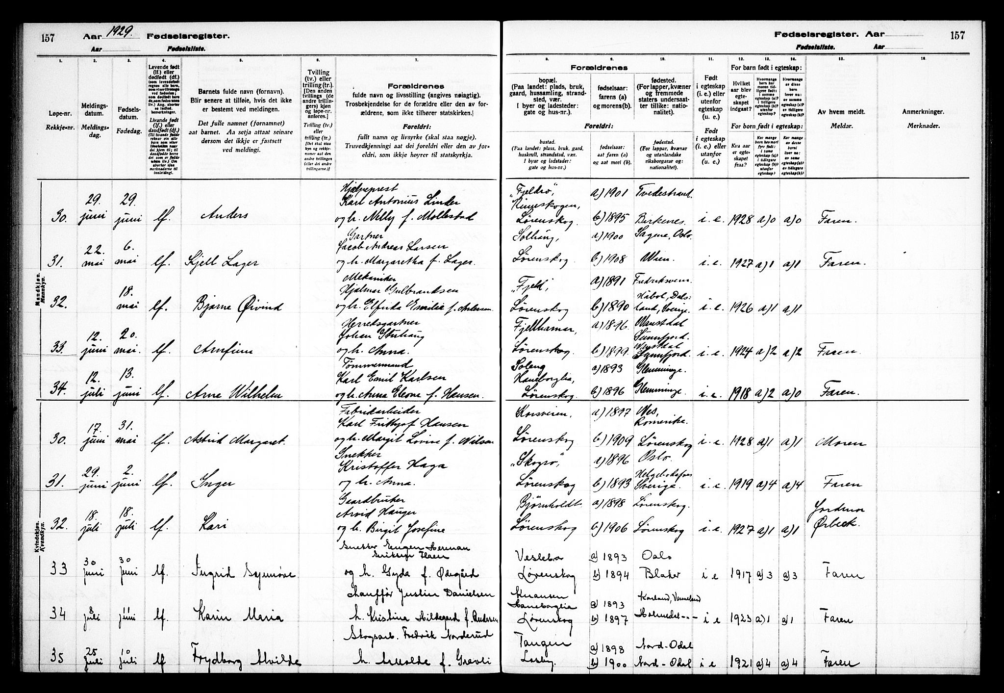 Skedsmo prestekontor Kirkebøker, AV/SAO-A-10033a/J/Jb/L0001: Birth register no. II 1, 1916-1932, p. 157