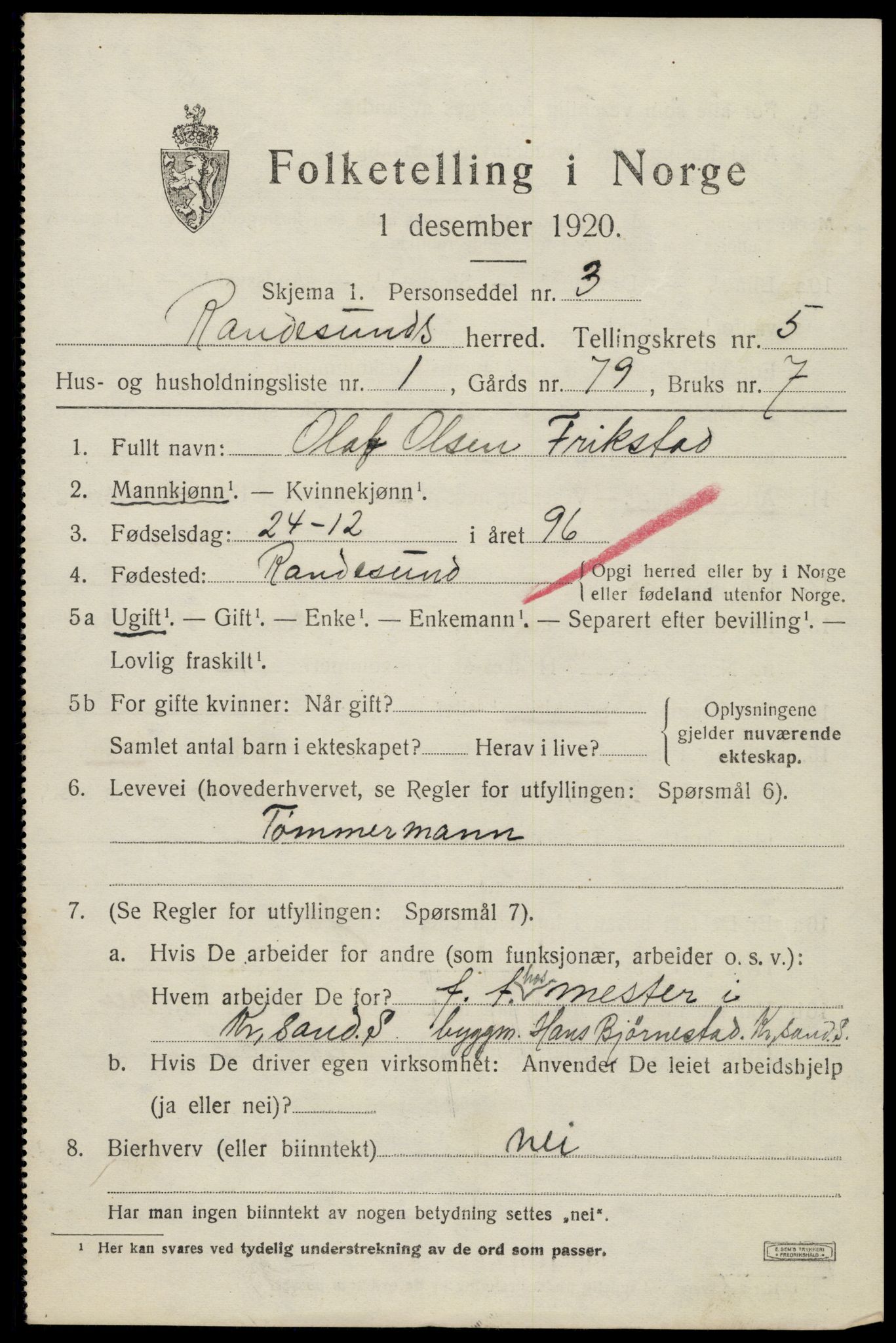 SAK, 1920 census for Randesund, 1920, p. 2316