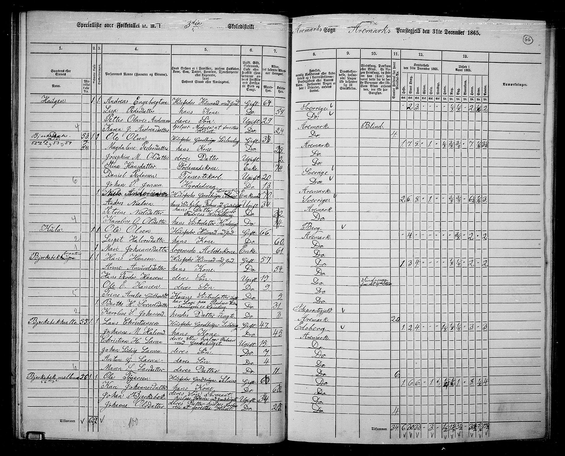 RA, 1865 census for Aremark, 1865, p. 61