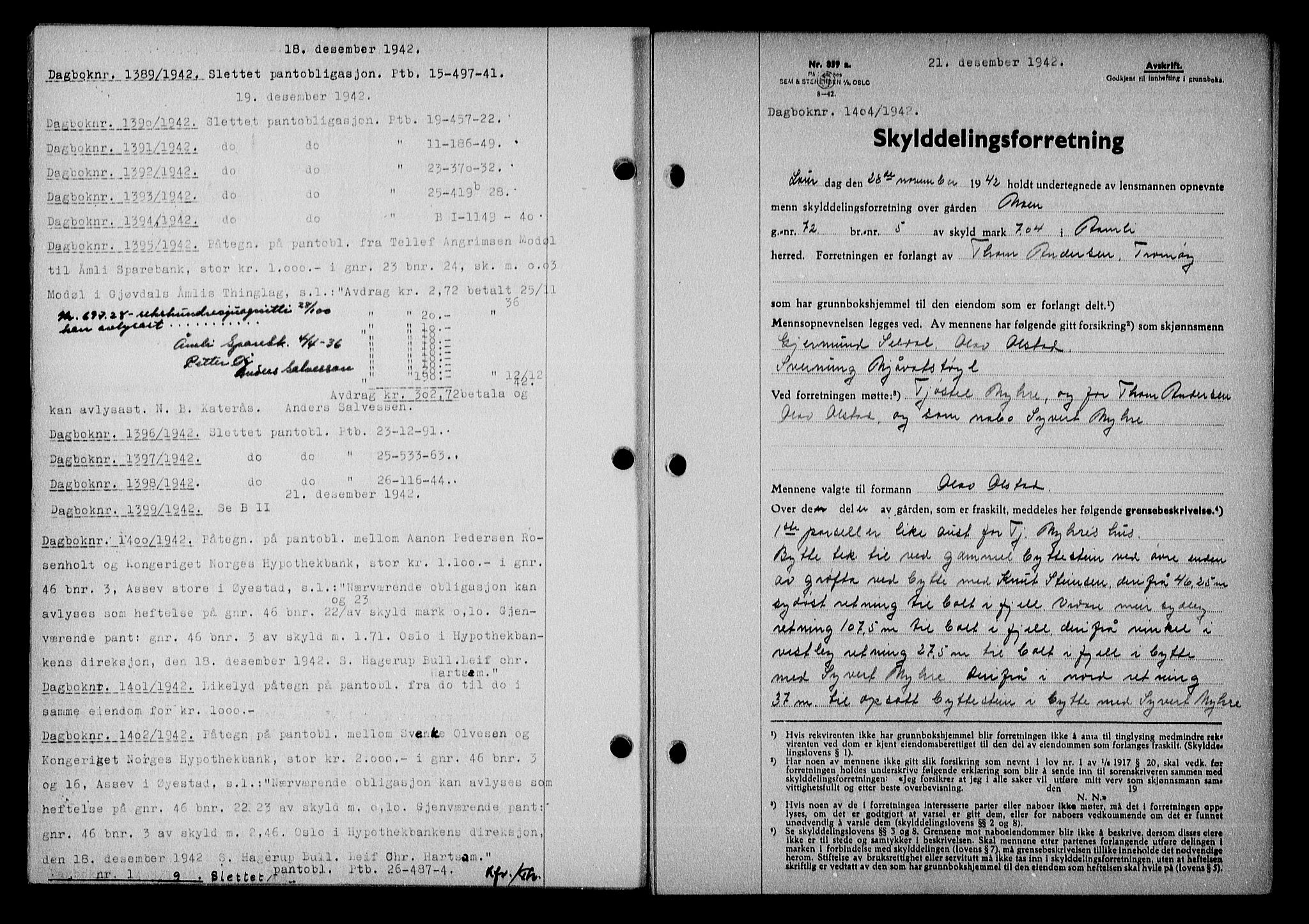 Nedenes sorenskriveri, SAK/1221-0006/G/Gb/Gba/L0050: Mortgage book no. A-IV, 1942-1943, Diary no: : 1404/1942