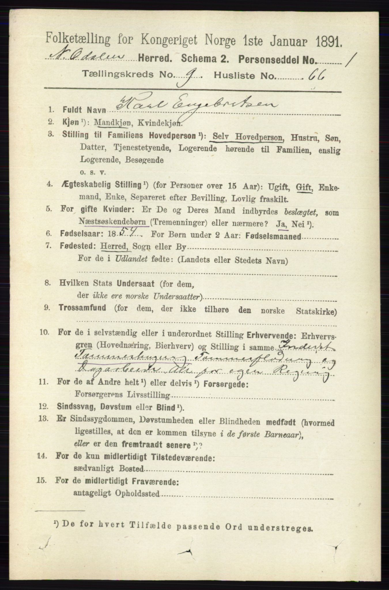 RA, 1891 census for 0418 Nord-Odal, 1891, p. 4427