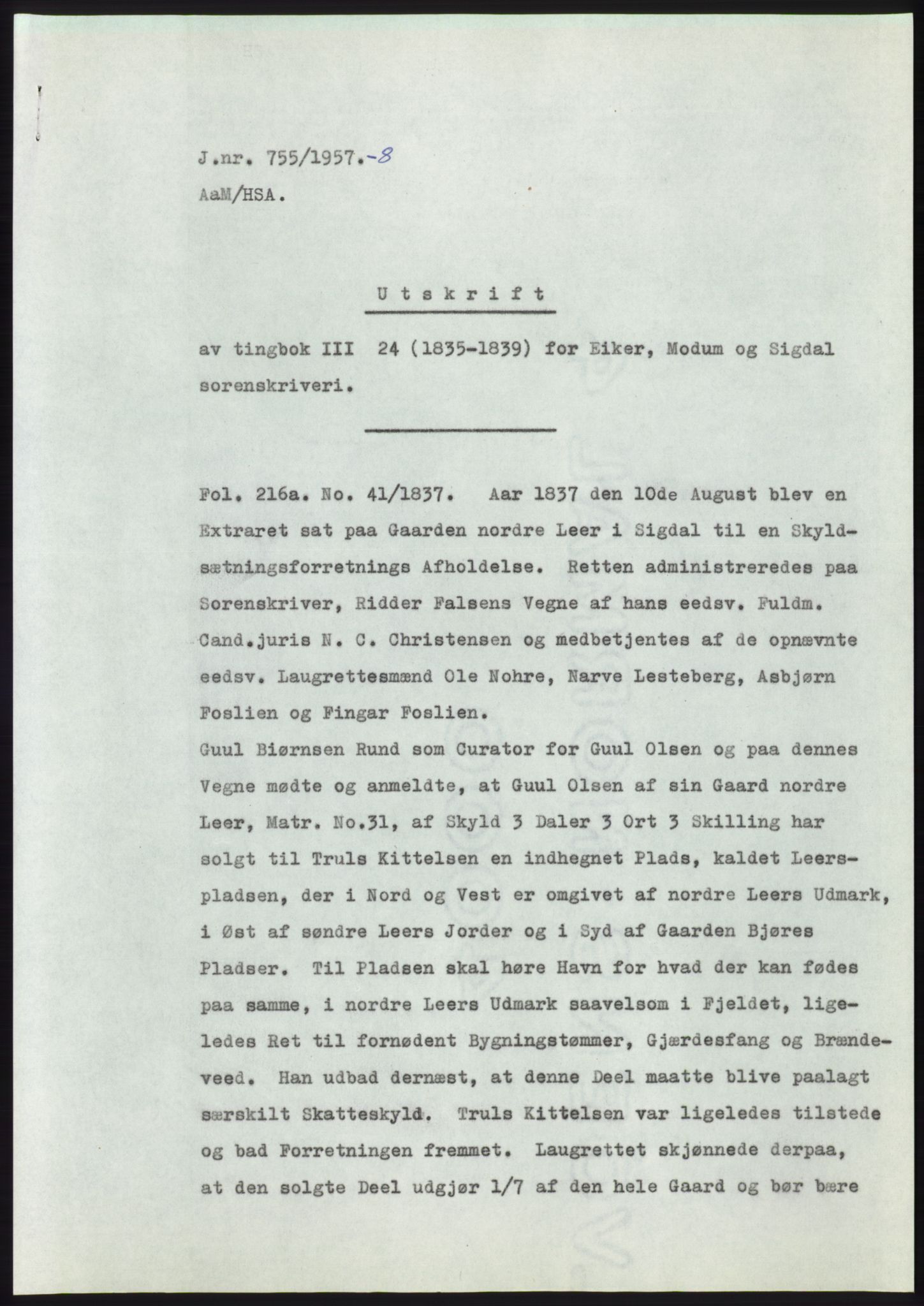 Statsarkivet i Kongsberg, AV/SAKO-A-0001/E/Ee/L0009: Avskrifter, SAO jnr. 354/1957 - 770/1957, 1957, p. 384