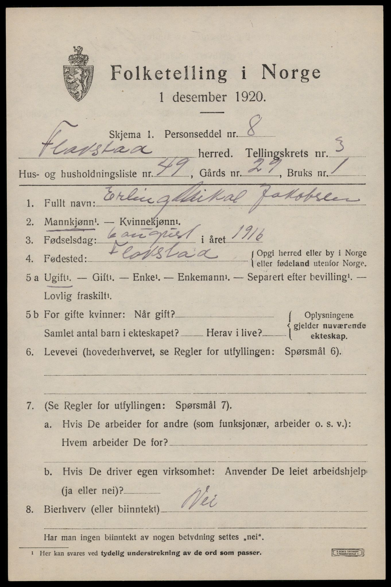 SAT, 1920 census for Flakstad, 1920, p. 2819