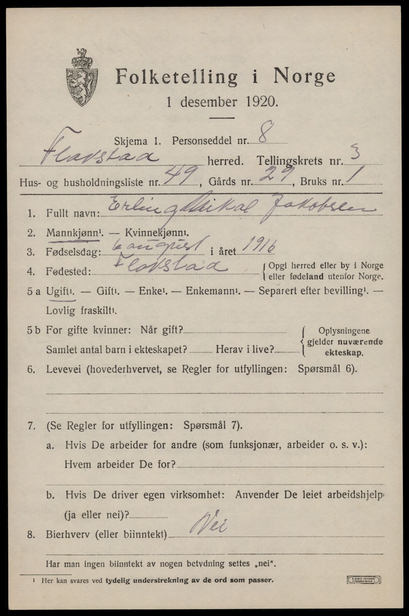 SAT, 1920 census for Flakstad, 1920, p. 2819