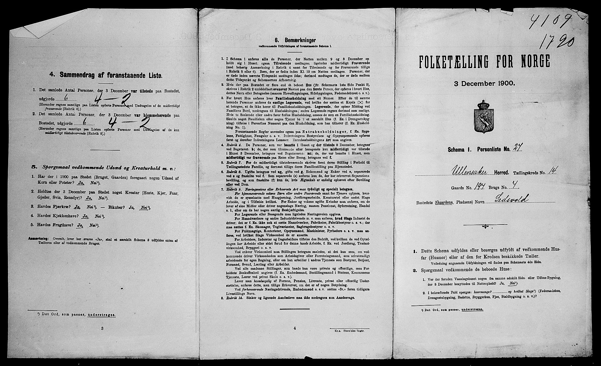 SAO, 1900 census for Ullensaker, 1900