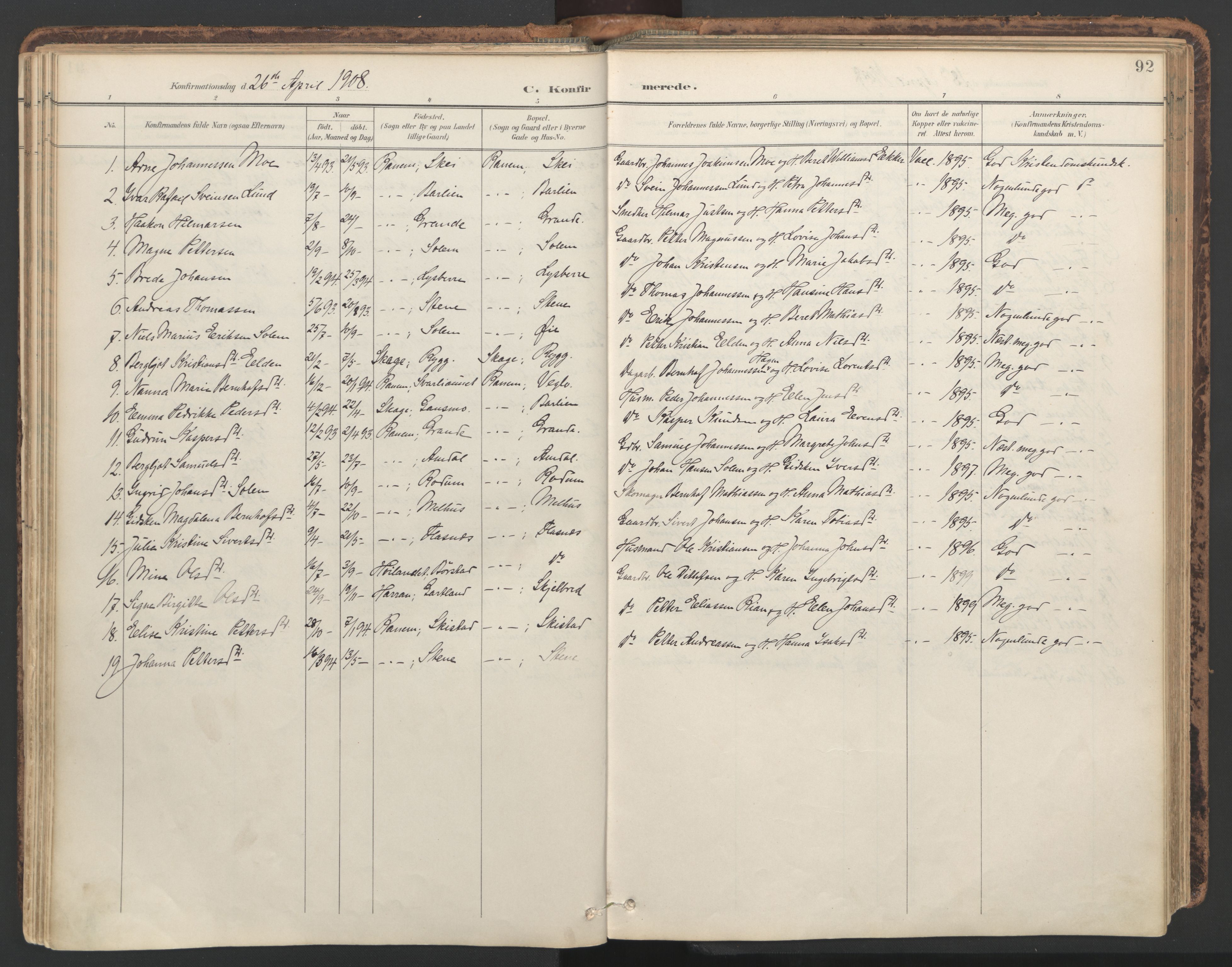Ministerialprotokoller, klokkerbøker og fødselsregistre - Nord-Trøndelag, SAT/A-1458/764/L0556: Parish register (official) no. 764A11, 1897-1924, p. 92