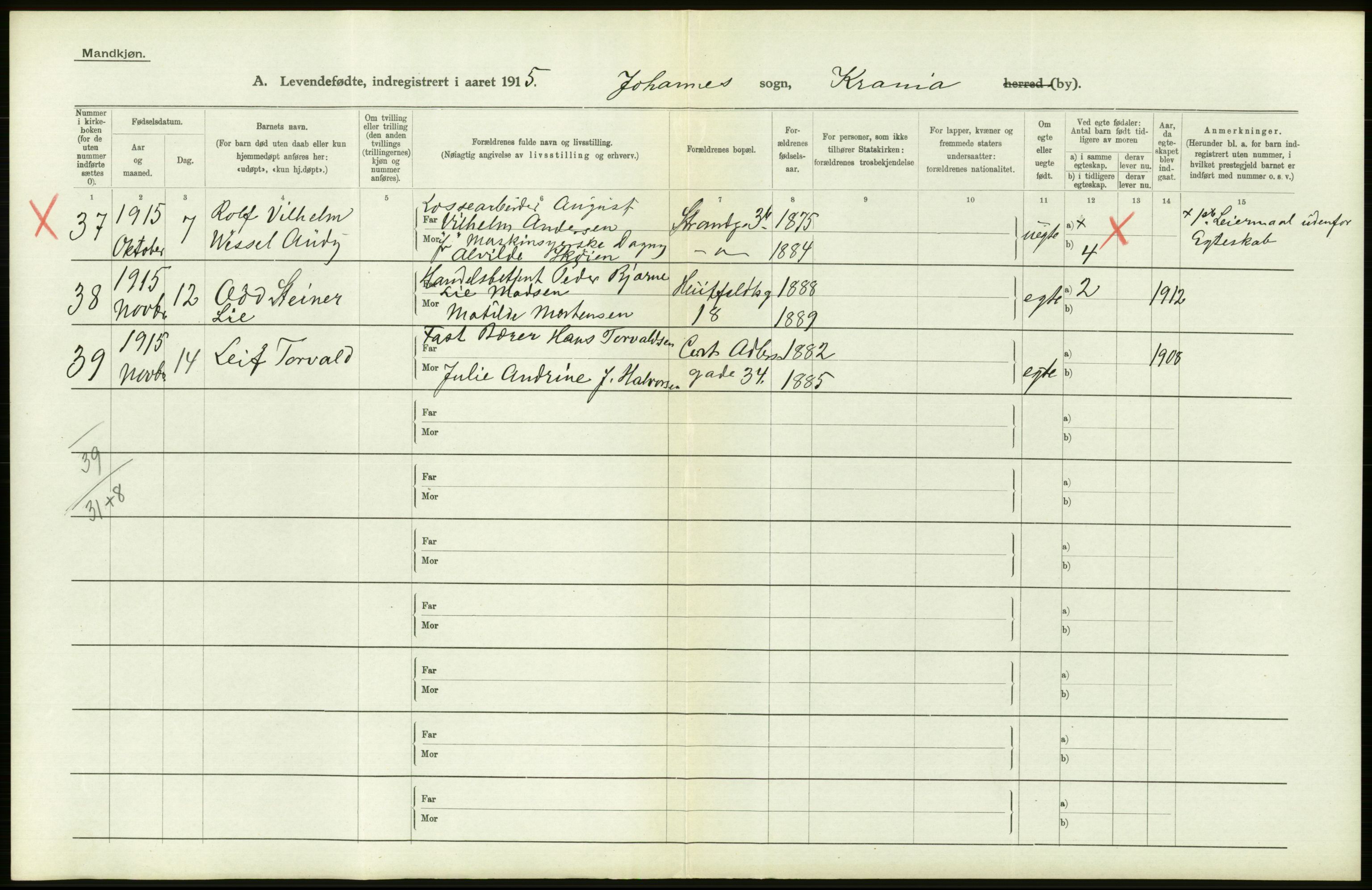 Statistisk sentralbyrå, Sosiodemografiske emner, Befolkning, AV/RA-S-2228/D/Df/Dfb/Dfbe/L0007: Kristiania: Levendefødte menn og kvinner., 1915, p. 464