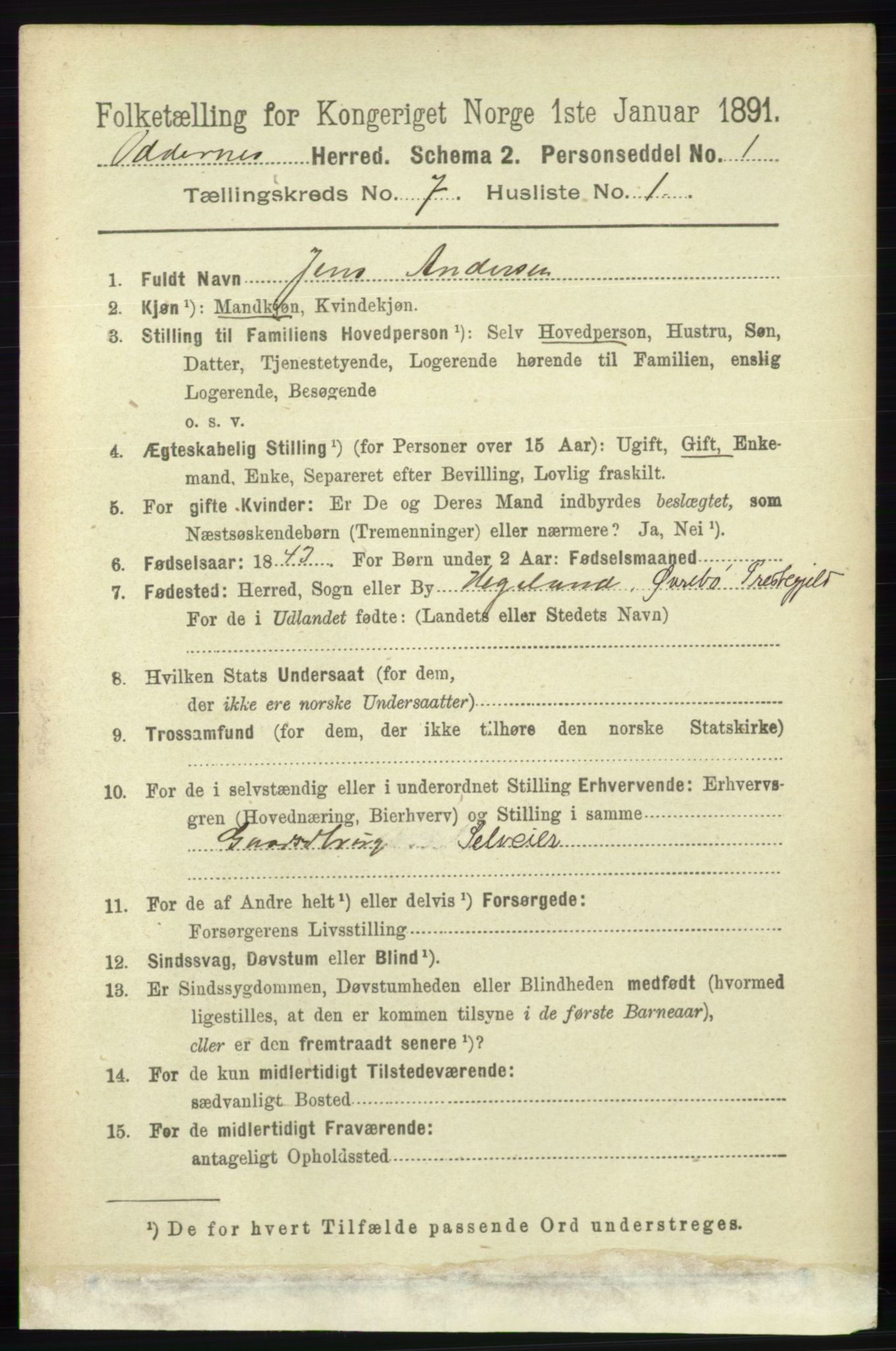 RA, 1891 census for 1012 Oddernes, 1891, p. 2477