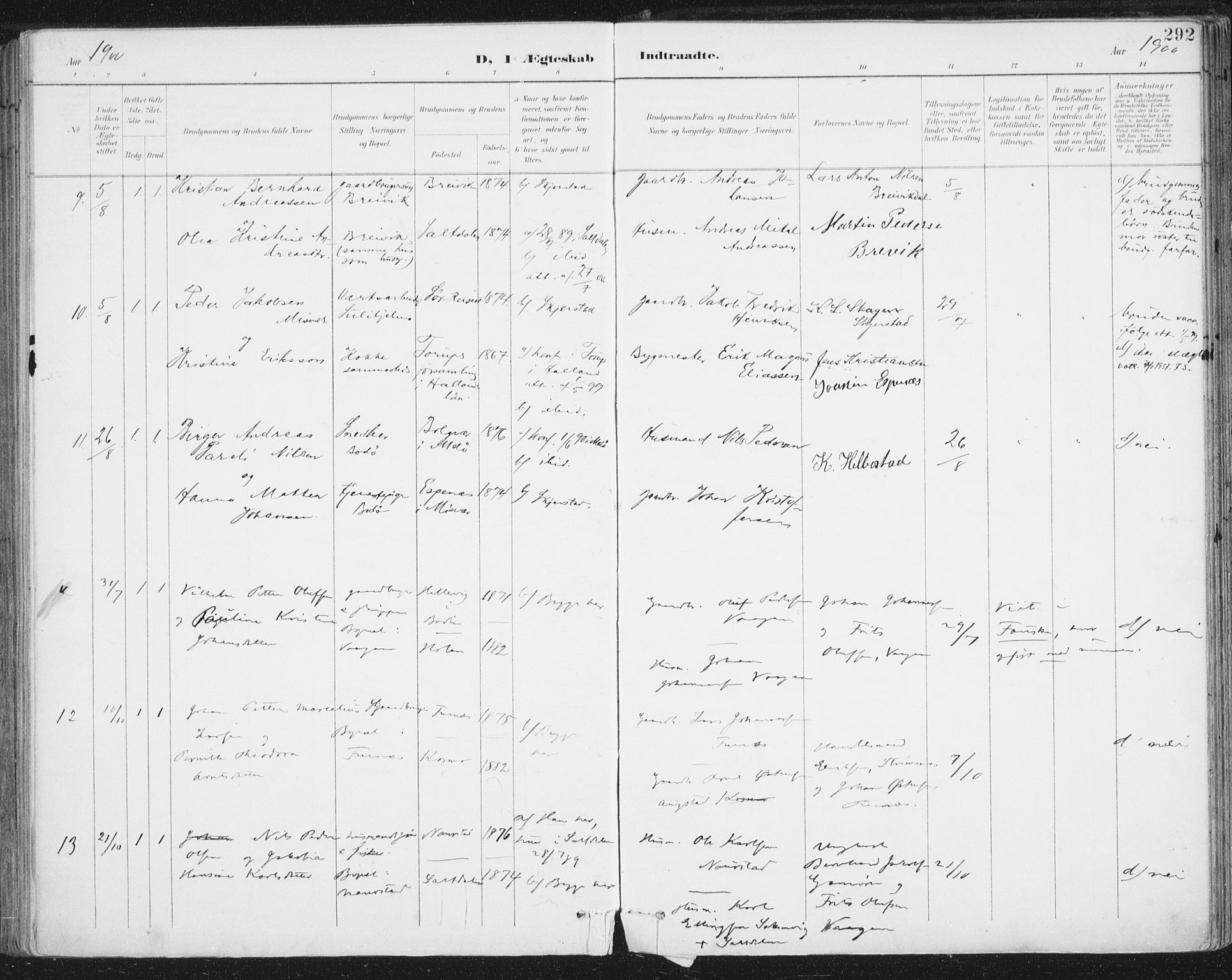 Ministerialprotokoller, klokkerbøker og fødselsregistre - Nordland, AV/SAT-A-1459/852/L0741: Parish register (official) no. 852A11, 1894-1917, p. 292