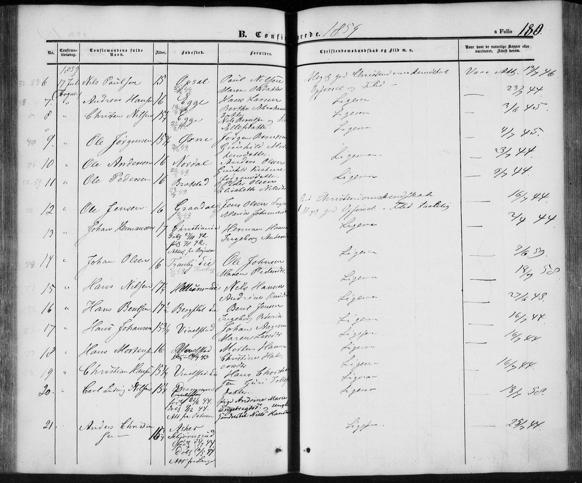 Lier kirkebøker, AV/SAKO-A-230/F/Fa/L0012: Parish register (official) no. I 12, 1854-1864, p. 180