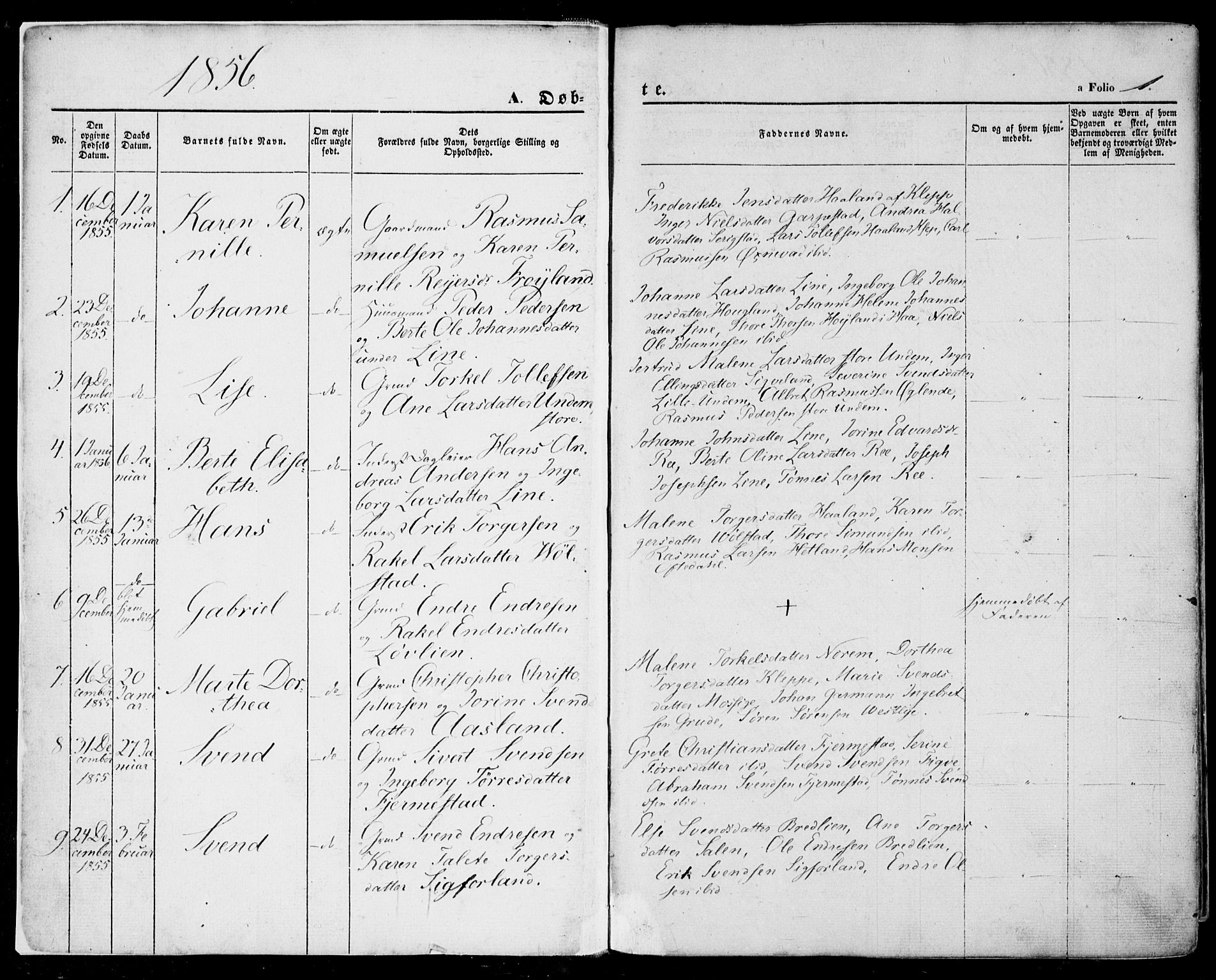Lye sokneprestkontor, SAST/A-101794/001/30BA/L0007: Parish register (official) no. A 6, 1856-1871, p. 1