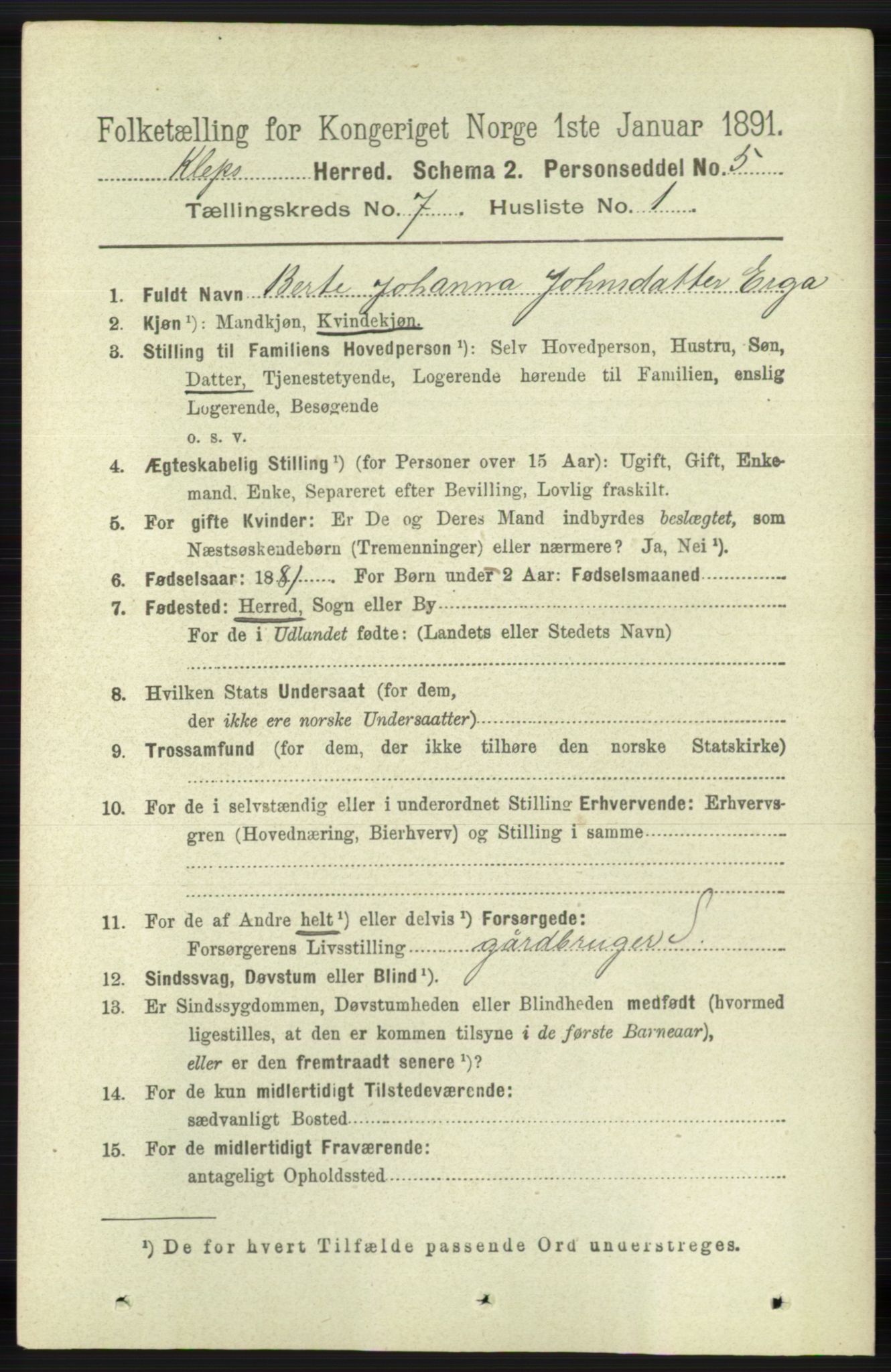 RA, 1891 census for 1120 Klepp, 1891, p. 2113