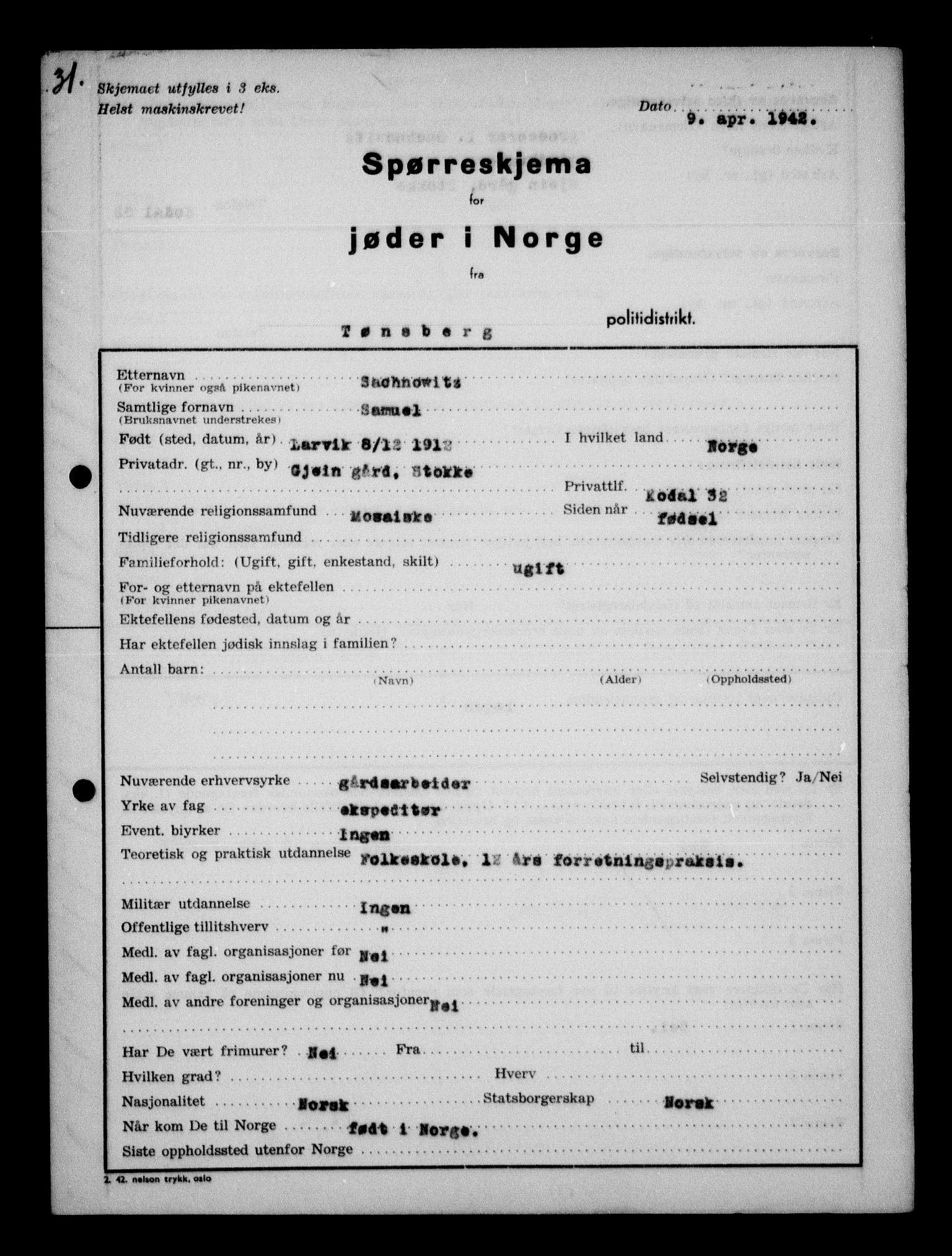 Statspolitiet - Hovedkontoret / Osloavdelingen, AV/RA-S-1329/G/Ga/L0013: Spørreskjema for jøder i Norge. 1: Sandefjord-Trondheim. 2: Tønsberg- Ålesund.  3: Skriv vedr. jøder A-H.  , 1942-1943, p. 590