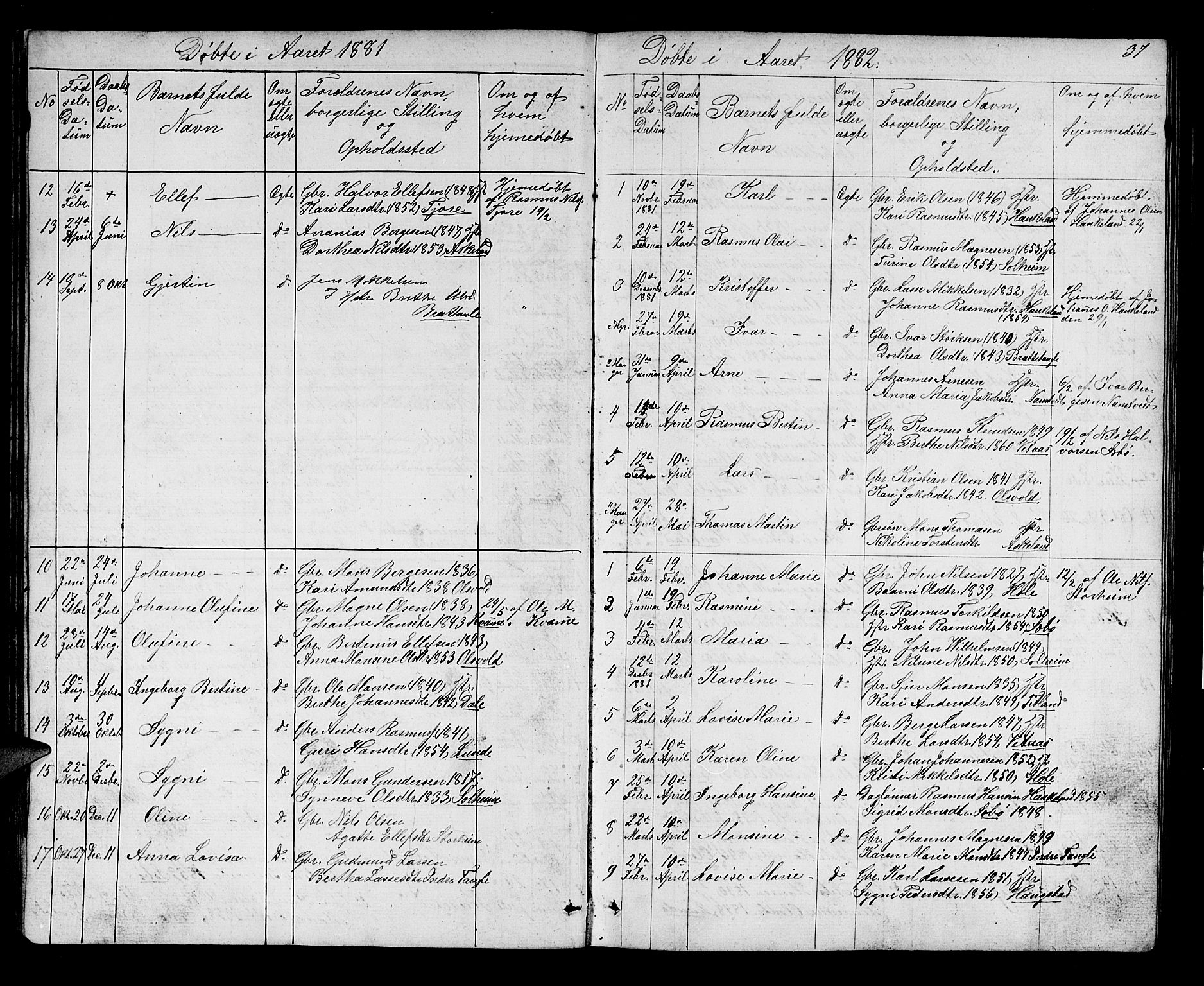 Manger sokneprestembete, SAB/A-76801/H/Hab: Parish register (copy) no. D 1, 1859-1882, p. 37