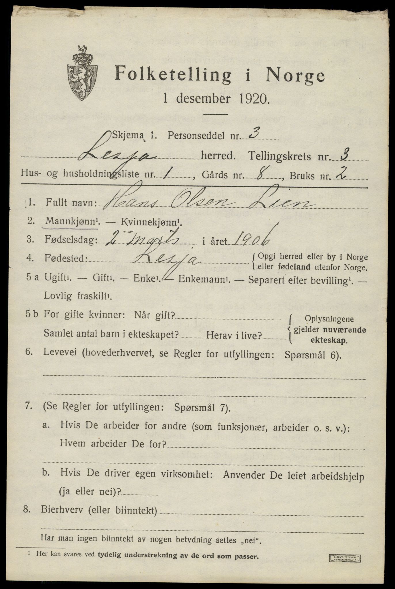 SAH, 1920 census for Lesja, 1920, p. 1998