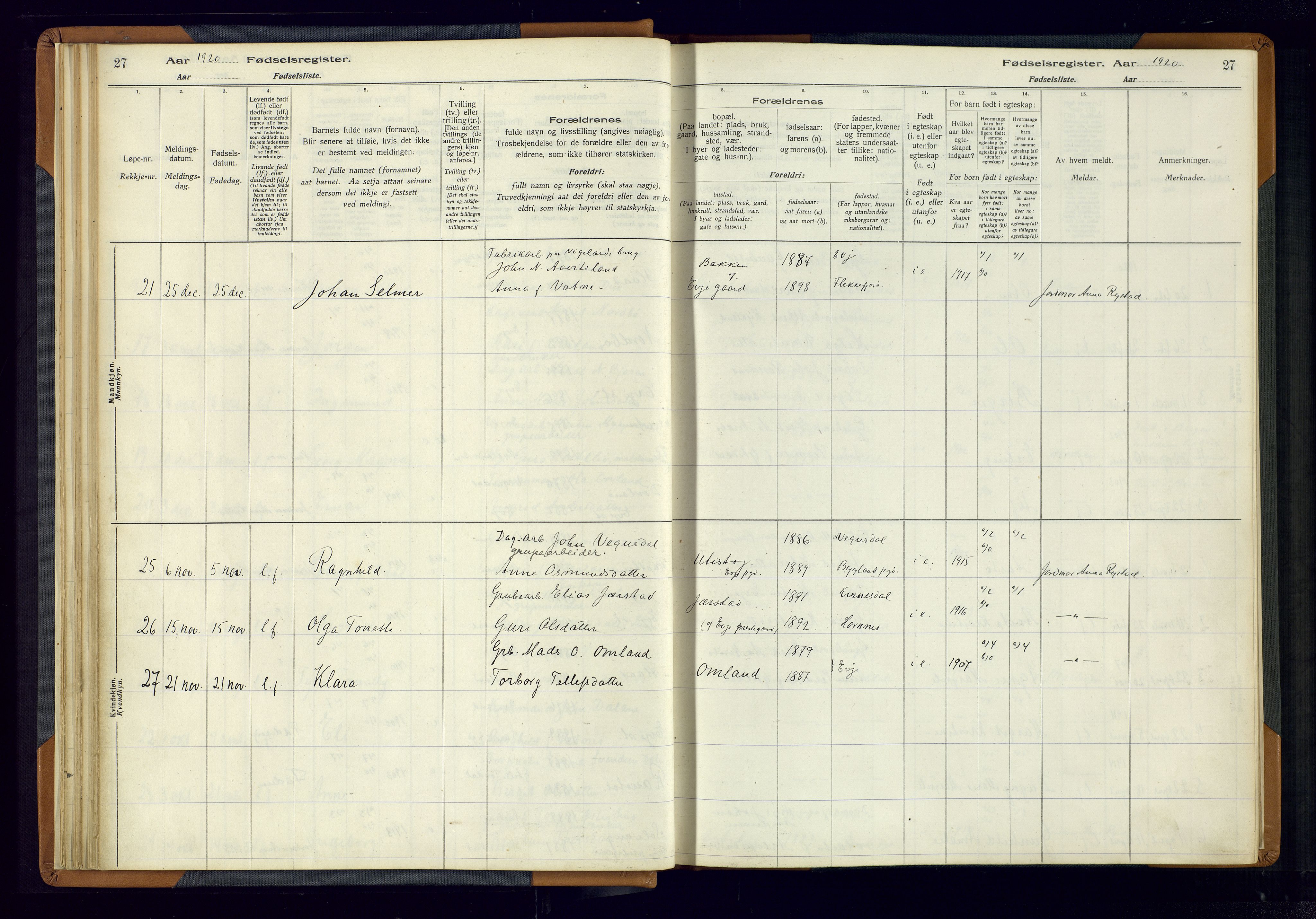 Evje sokneprestkontor, AV/SAK-1111-0008/J/Jc/L0004: Birth register no. 4, 1916-1968, p. 27