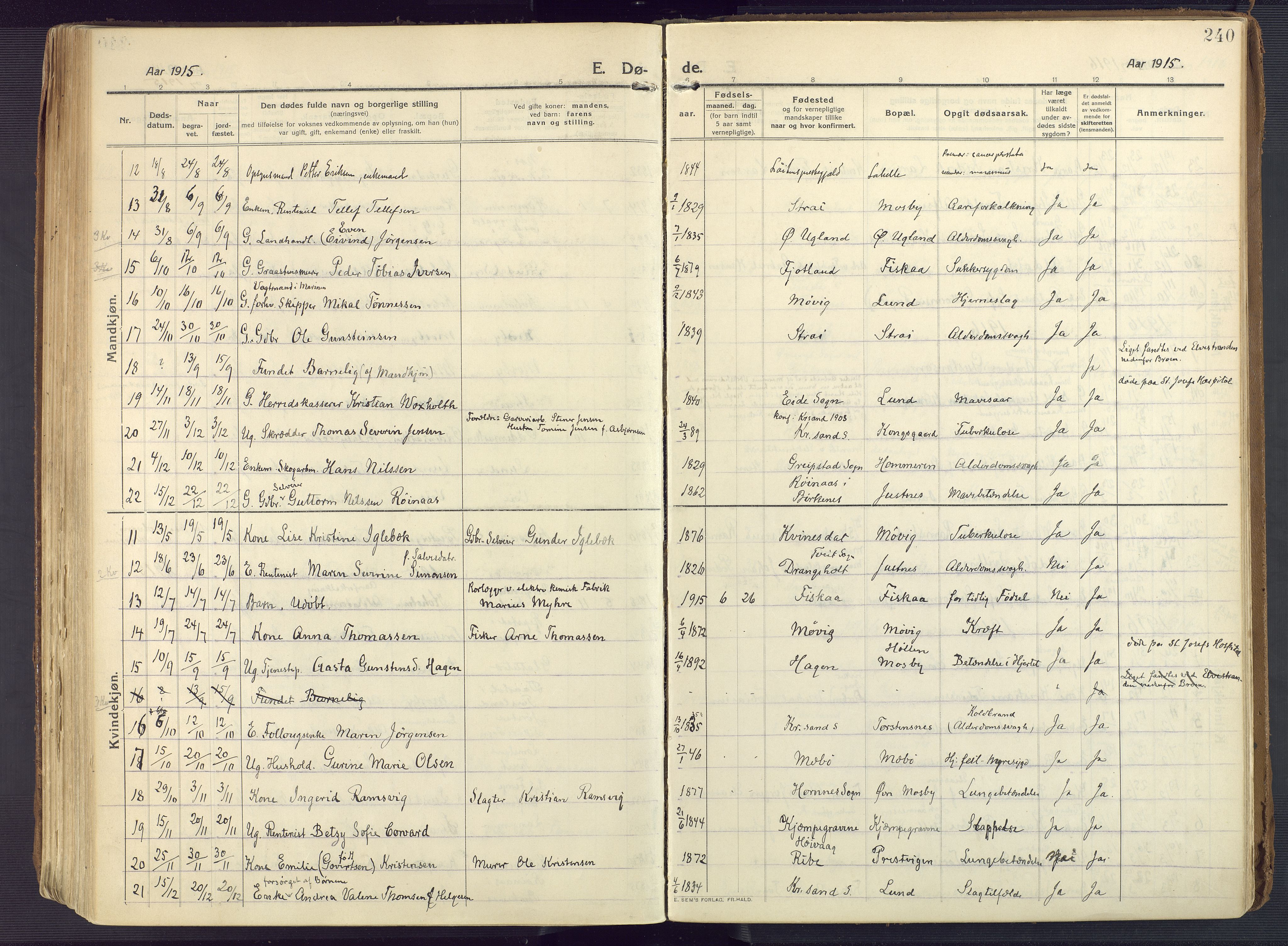 Oddernes sokneprestkontor, SAK/1111-0033/F/Fa/Faa/L0012: Parish register (official) no. A 12, 1912-1925, p. 240