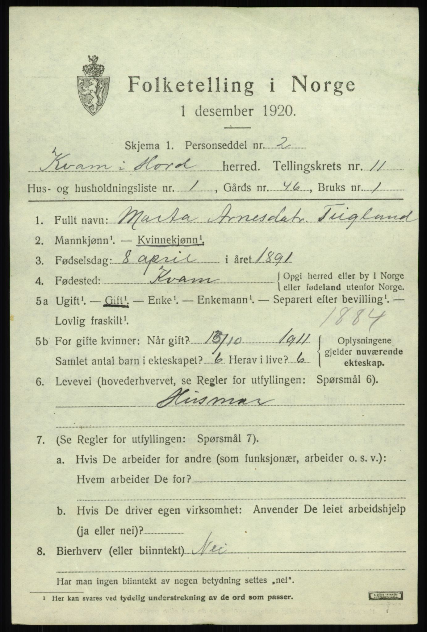 SAB, 1920 census for Kvam, 1920, p. 7027